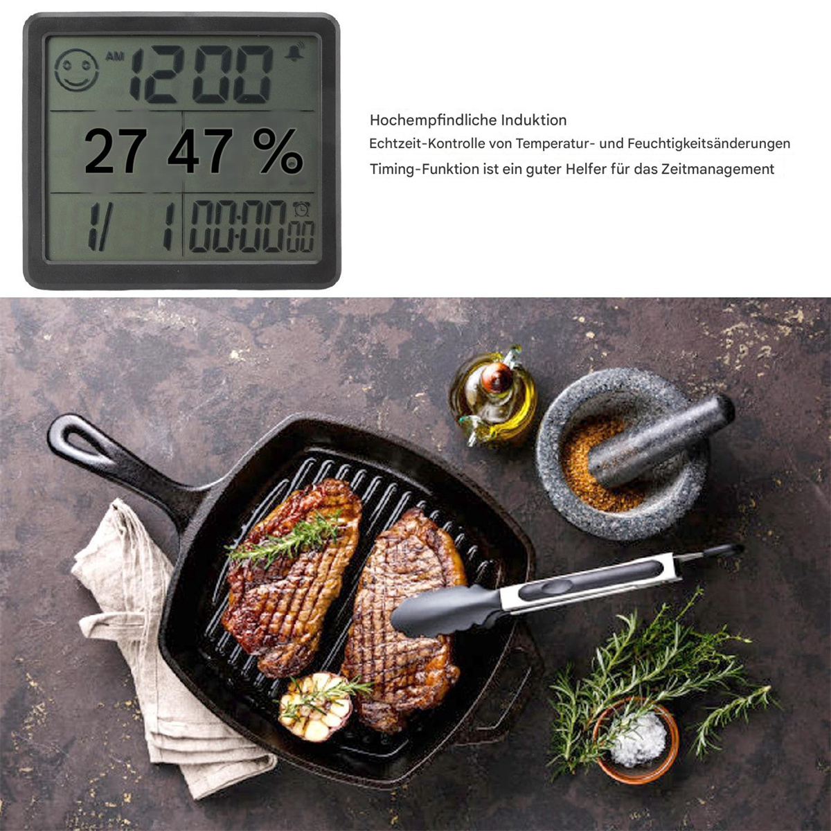 Ein digitales Thermometer und Essen auf einer Gusseisenpfanne und einem Holztisch.