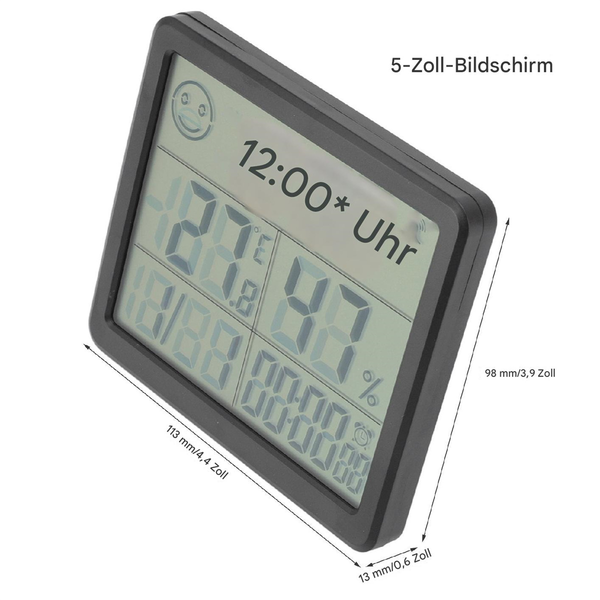 Eine schwarze Digitaluhr mit Zeit und anderen Daten. Sie ist in einem schwarzen Rahmen.