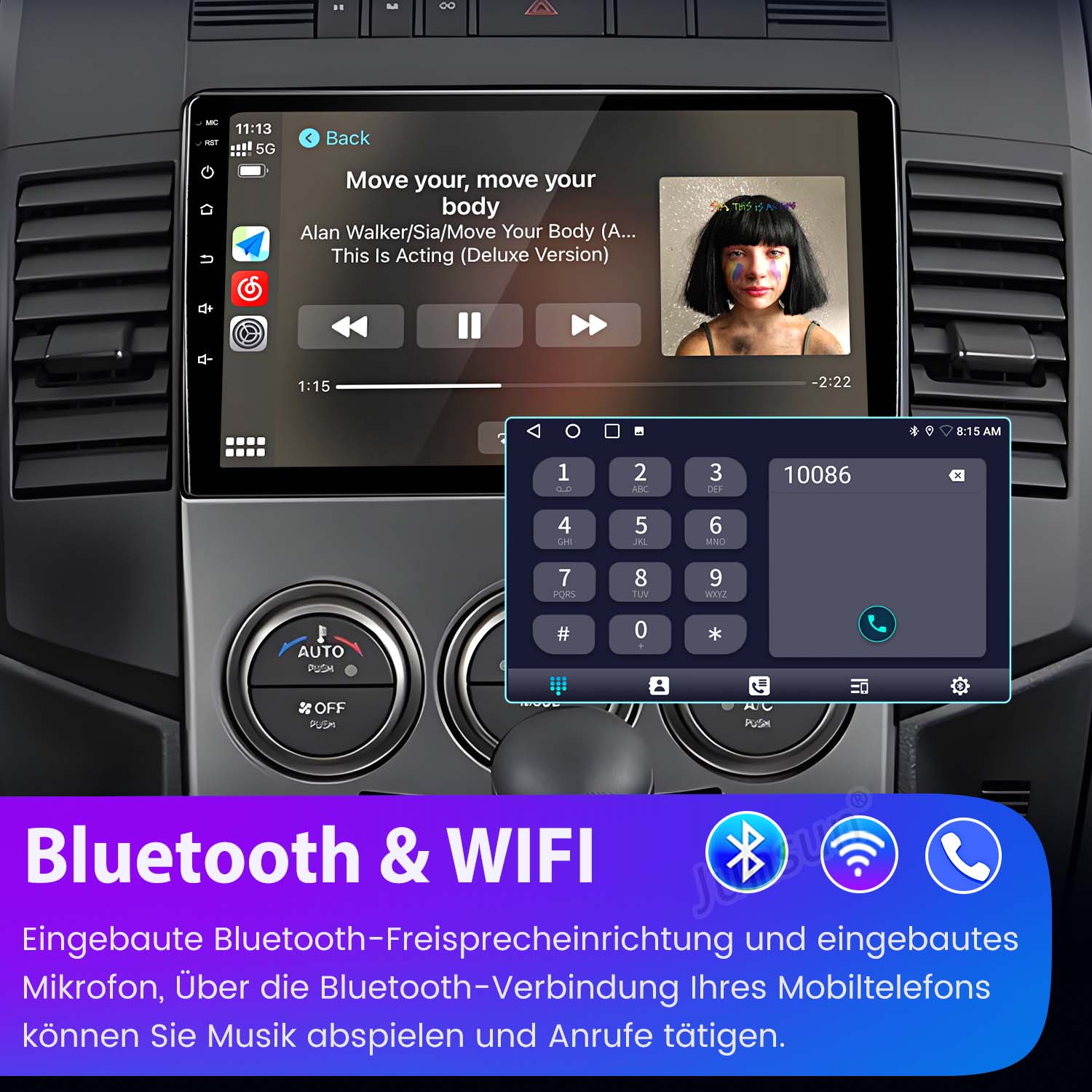 Deska rozdzielcza samochodu z ekranem wyświetlającym piosenkę i klawiaturę telefonu. Widoczne ikony Bluetooth i Wi-Fi.