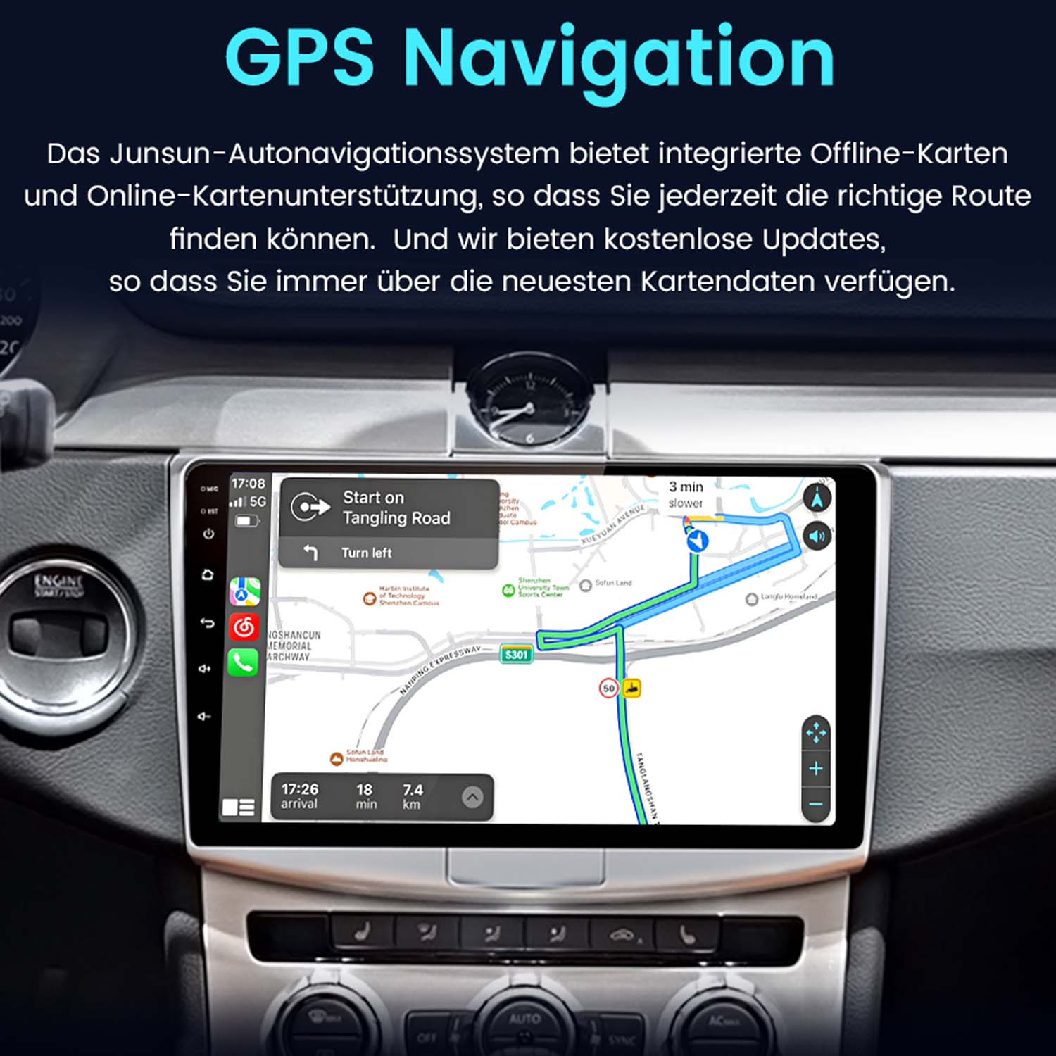 Ekran deski rozdzielczej samochodu wyświetlający nawigację GPS ze szczegółami mapy i przyciskami sterowania.