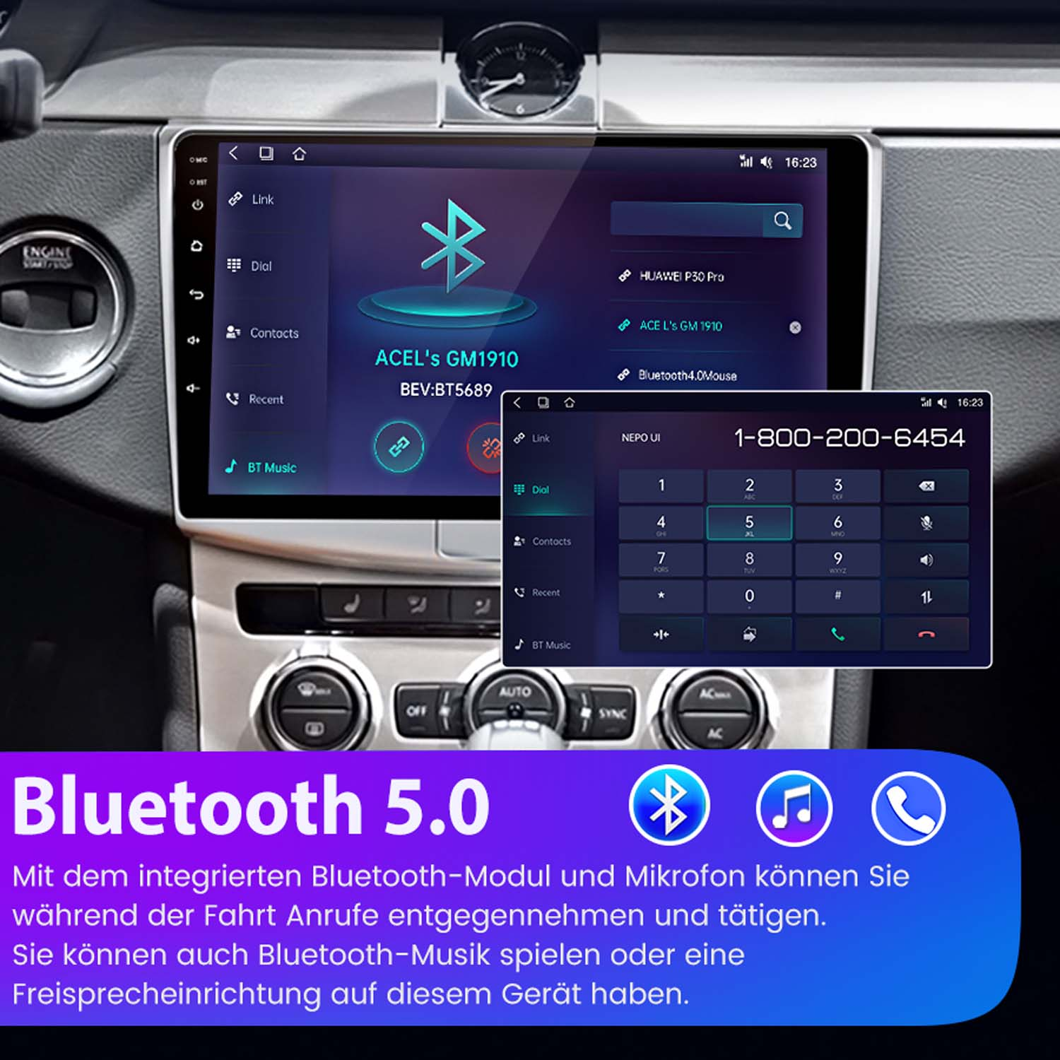 Radio samochodowe z interfejsem Bluetooth. Wyświetla funkcje muzyki i połączeń Bluetooth.