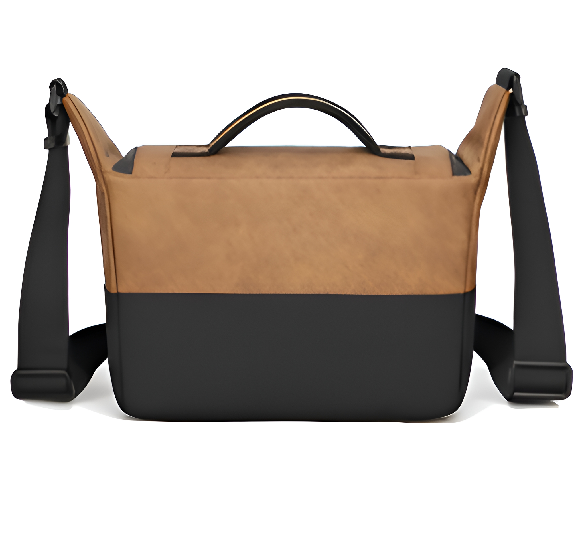 Eine braune und schwarze Messenger-Tasche. Die Tasche hat eine rechteckige Form mit einer Klappe und einem Schultergurt.