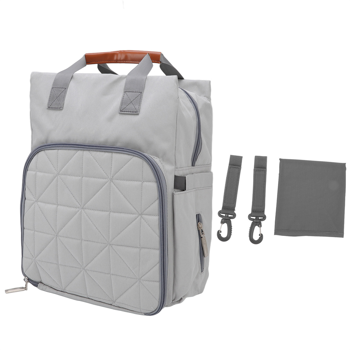 Graue Wickeltasche mit braunem Griff und mehreren Taschen. Inklusive Schultergurten und Wickelunterlage.