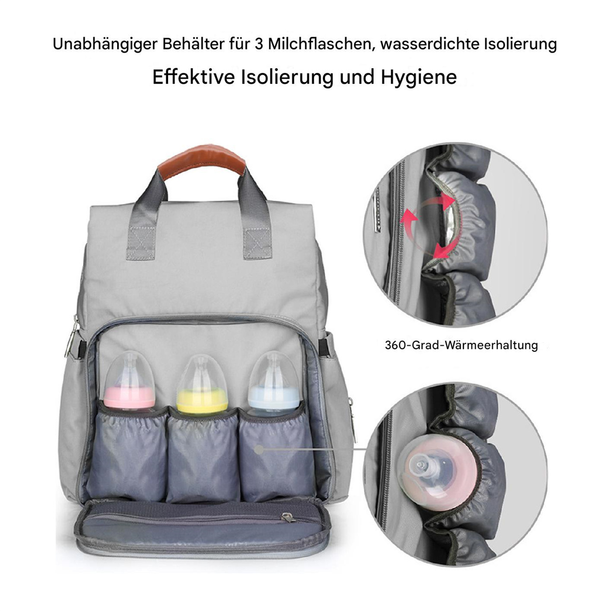 Graue Wickeltasche mit drei Flaschenhaltern und Illustrationen zur Isolierung und Wärmespeicherung.