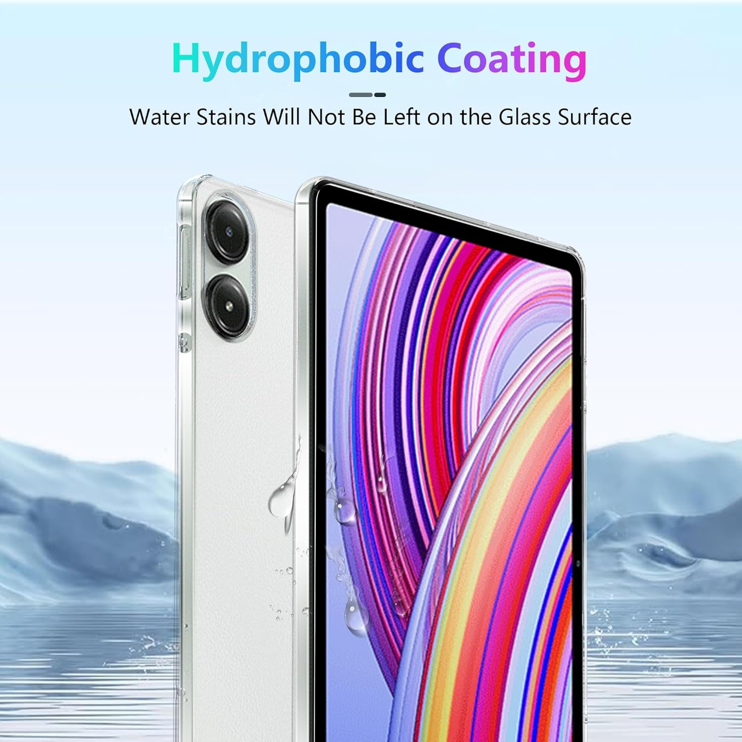 Handyhülle mit weißem Telefon, Text über hydrophobe Beschichtung, auf blauem Hintergrund.