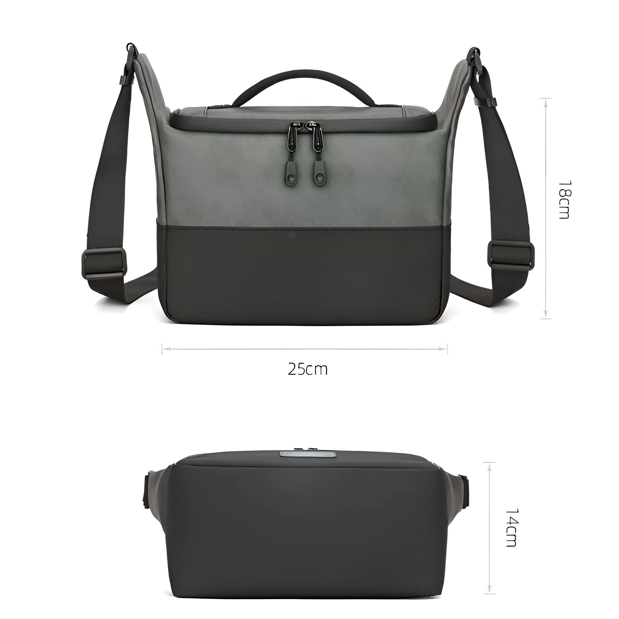 Ein grau-schwarzer Rucksack mit beschrifteten Abmessungen: 25cm Breite, 18cm Höhe und 14cm Dicke.