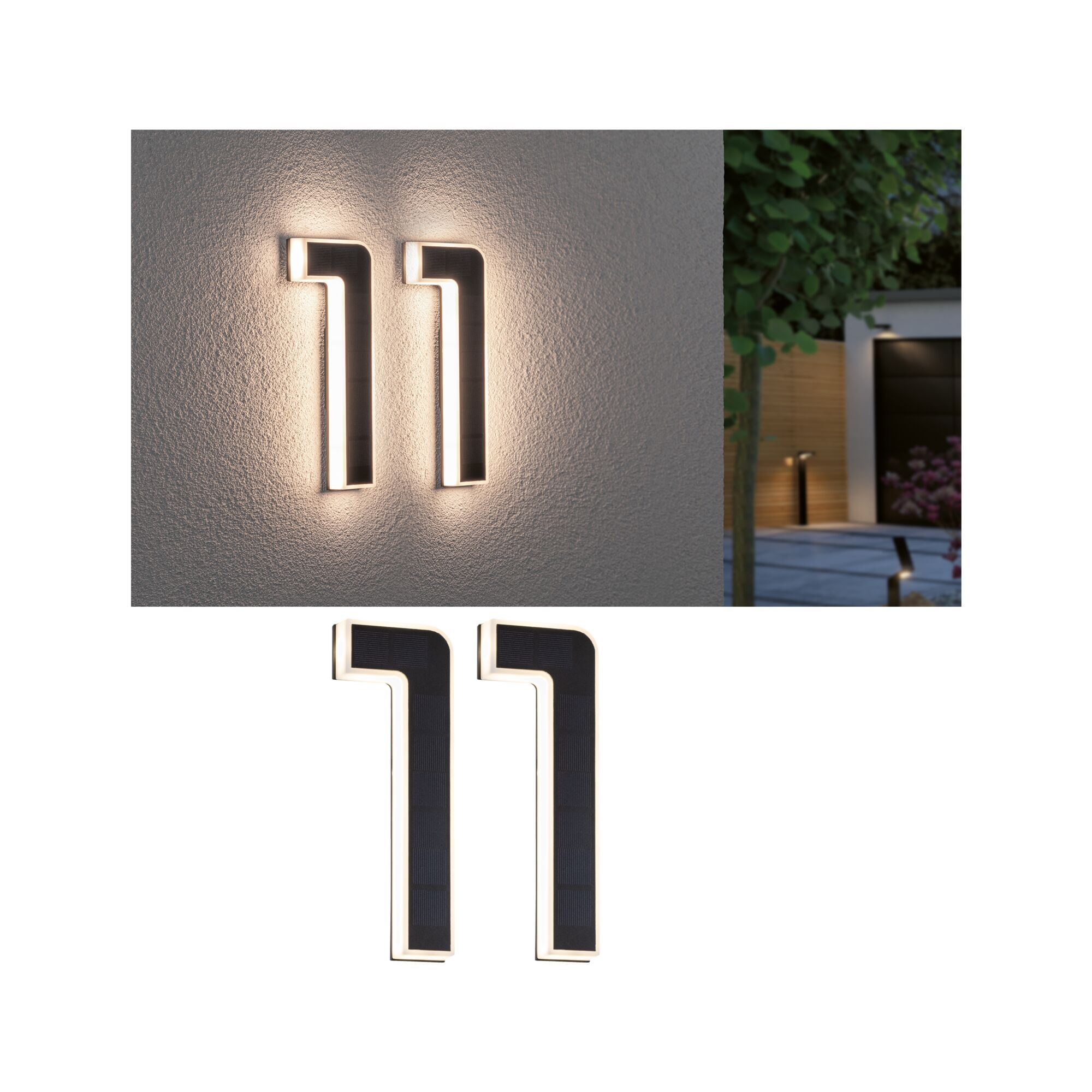 Podświetlony czarny numer 11 na szarej ścianie. Obok zielonego krzewu, podobny numer 11.