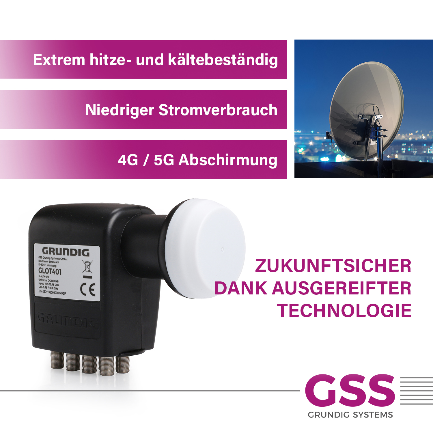 Ein schwarz-weißes Gerät mit Textbezeichnungen. Das Gerät befindet sich vor einer Stadt bei Nacht.