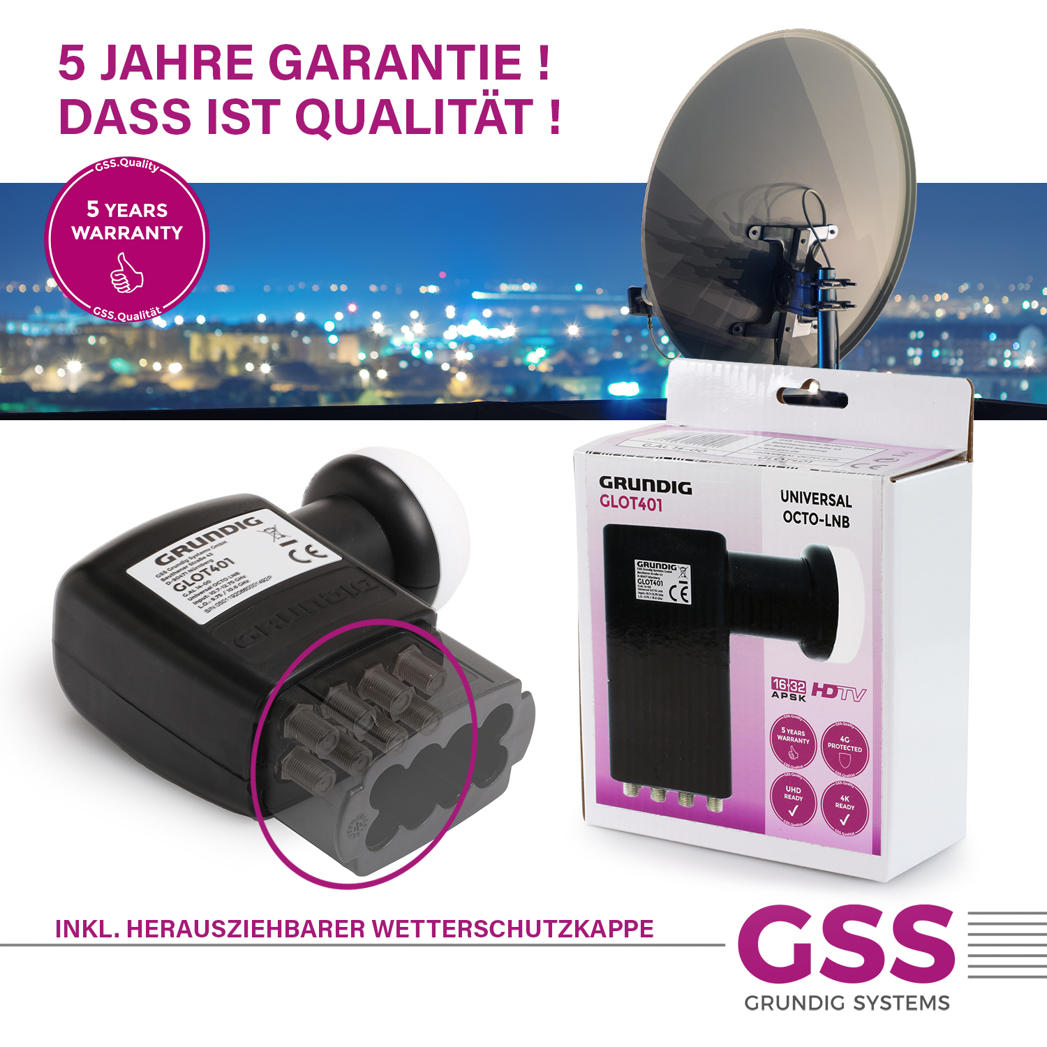 Verpackung mit einem Satellitenempfänger und einer Box, mit Text und Logos.