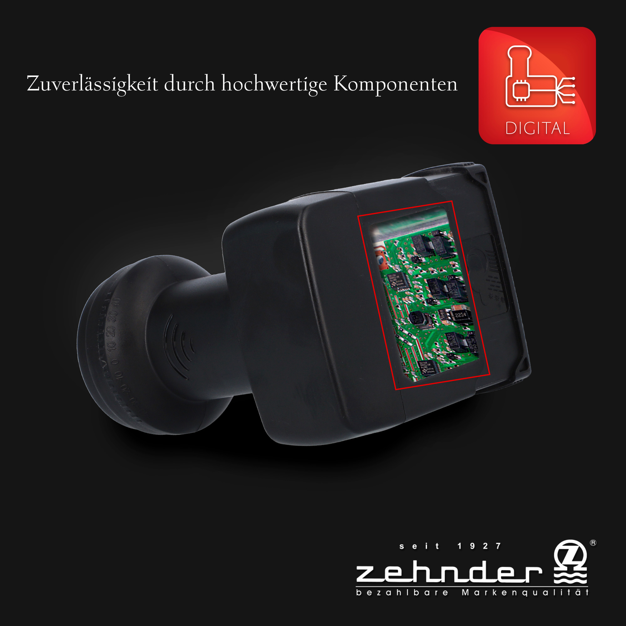 Ein schwarzer Satellitenempfänger mit freier Sicht auf die inneren Komponenten, mit Text.