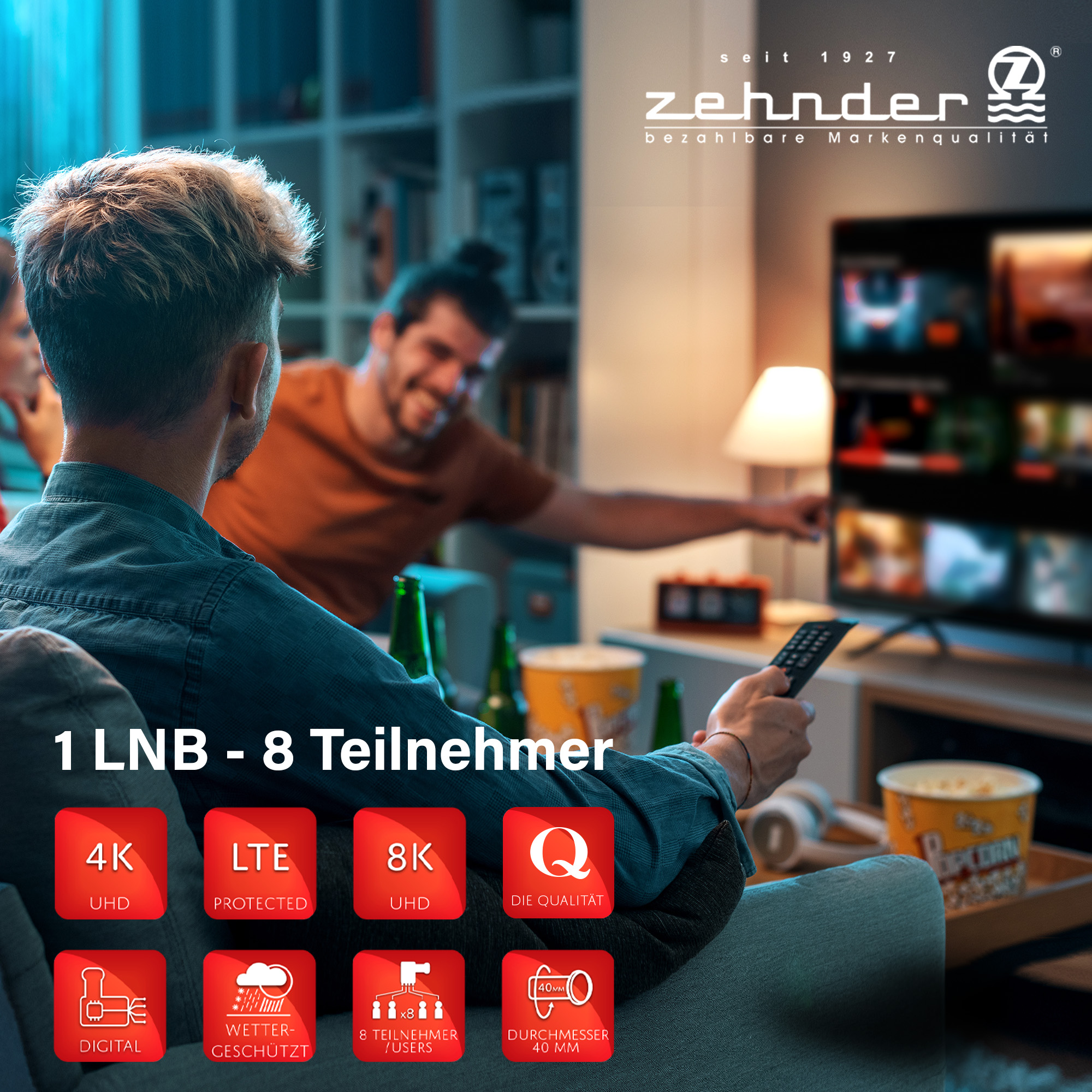 Leute schauen fern. Zehnder Logo und Text oben, Icons unten.