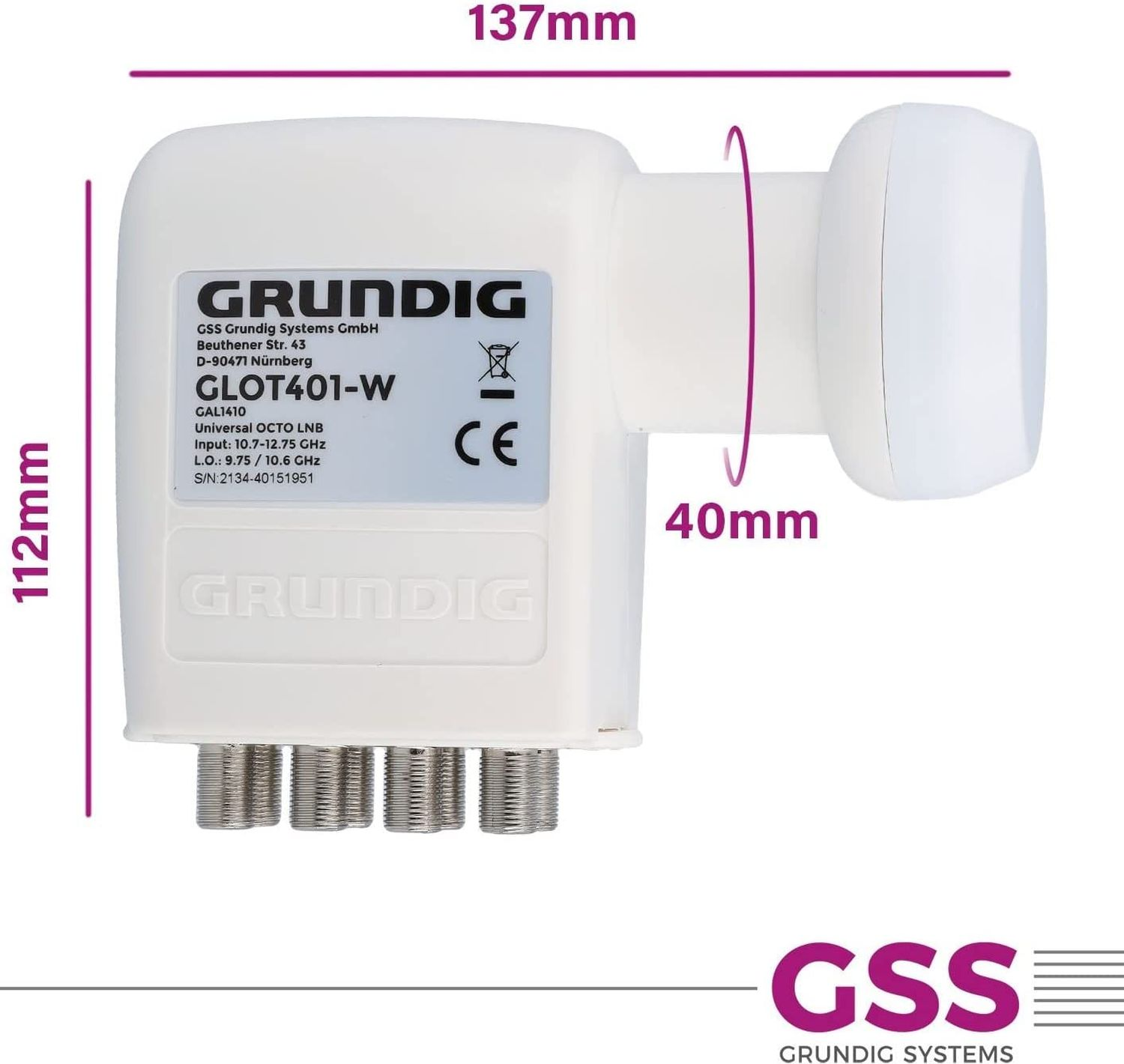 Weißer Grundig LNB mit Abmessungen und Text auf dem Gerät selbst.