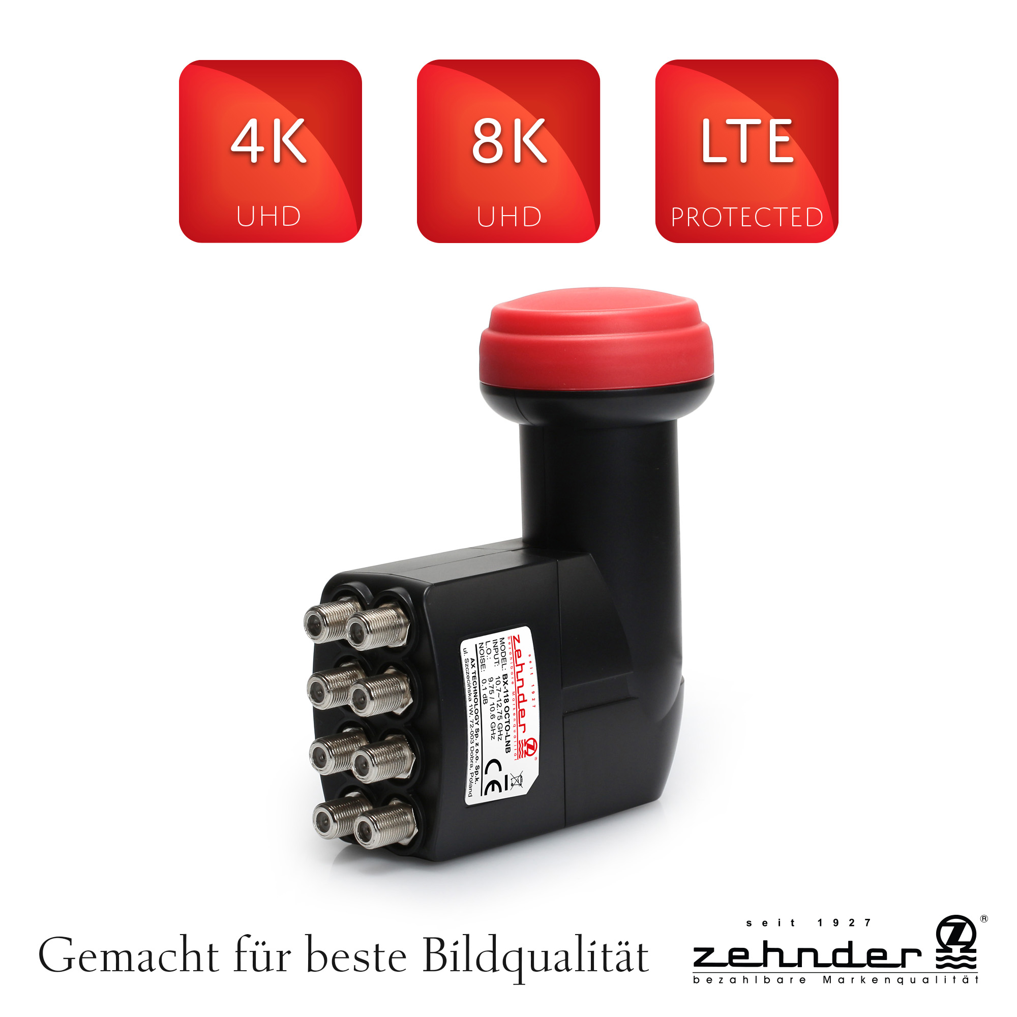 Schwarzer Satellitenempfänger mit rotem Deckel und drei roten Quadraten mit Text: 4K UHD, 8K UHD und LTE PROTECTED.