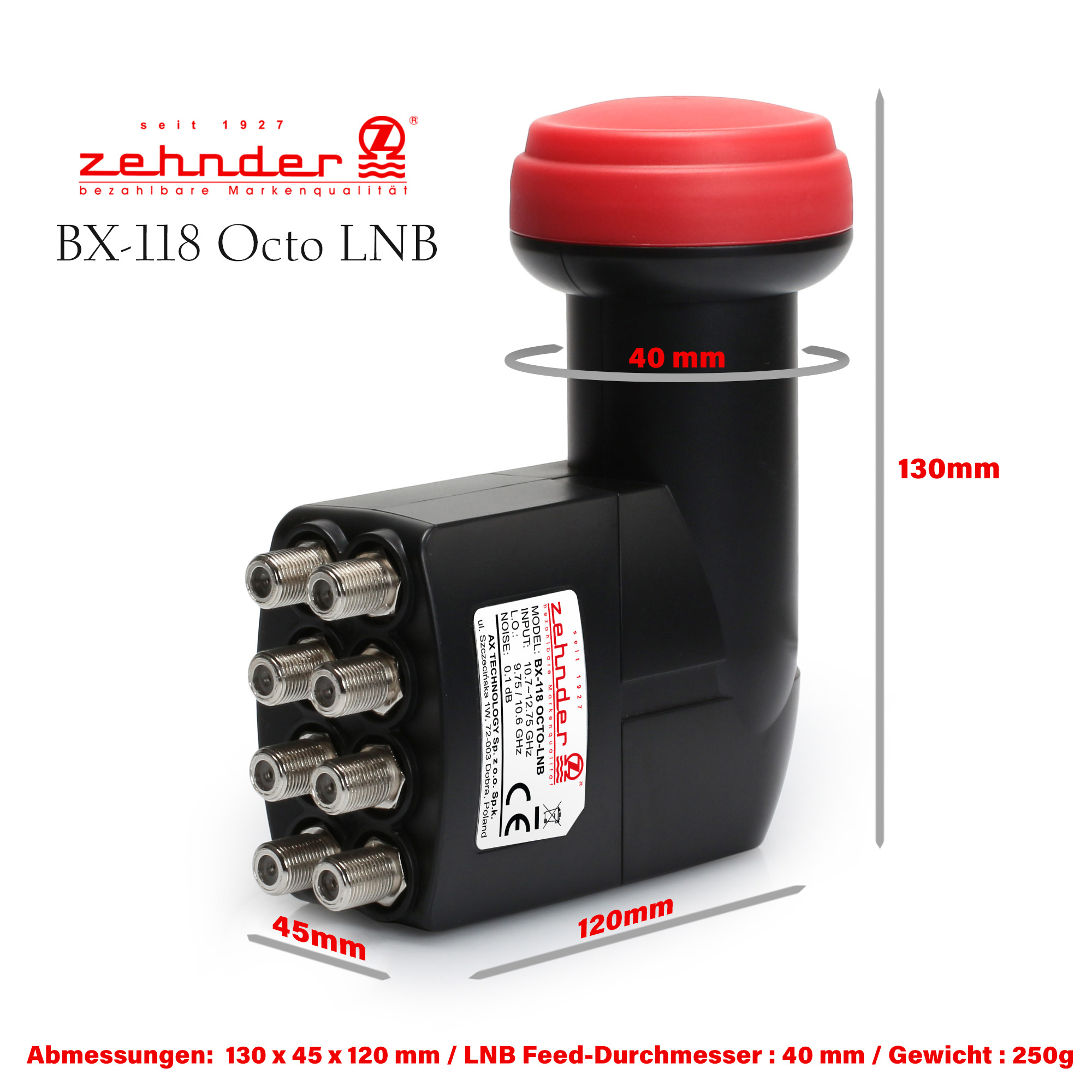 Schwarzes LNB mit roter Kappe. Abmessungen: 130x45x120mm. Text drauf.