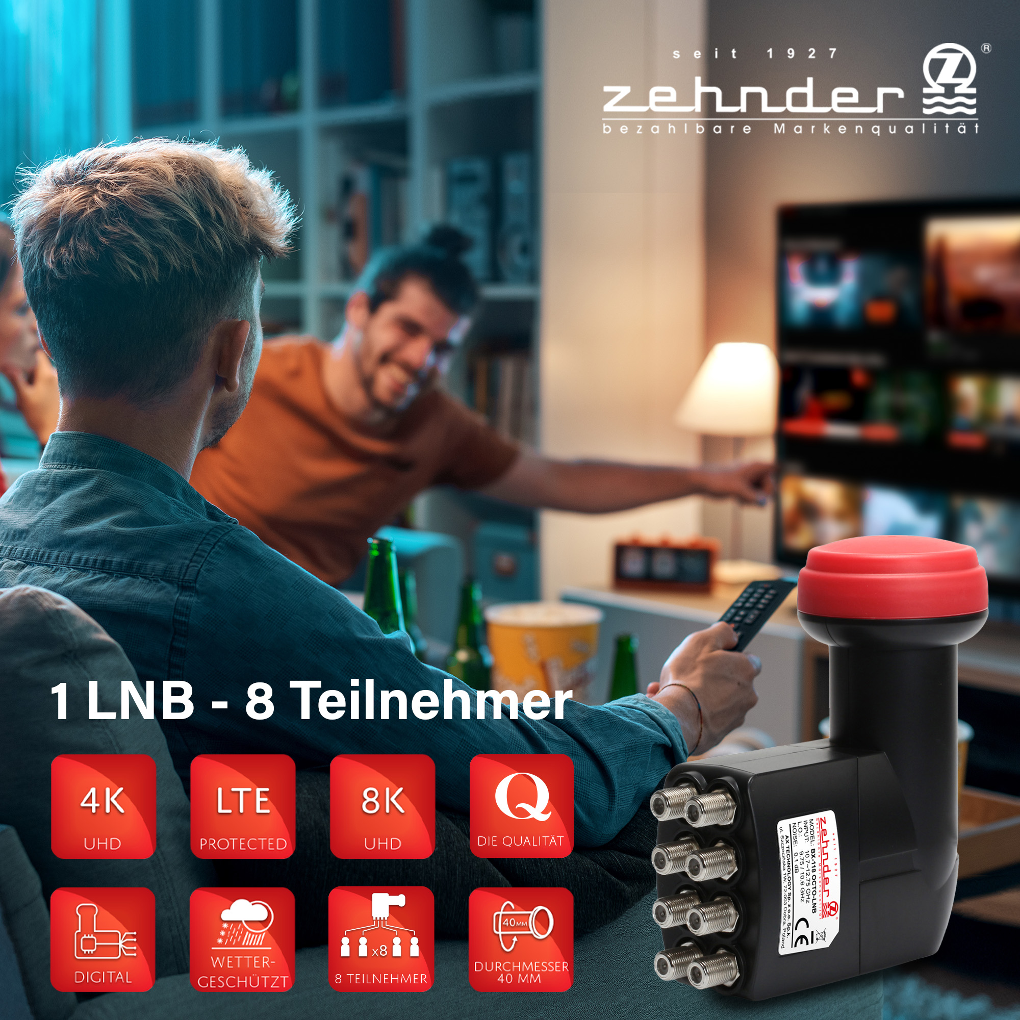 Zwei Männer sehen fern, und ein schwarzes LNB mit roter Kappe und Textetiketten.