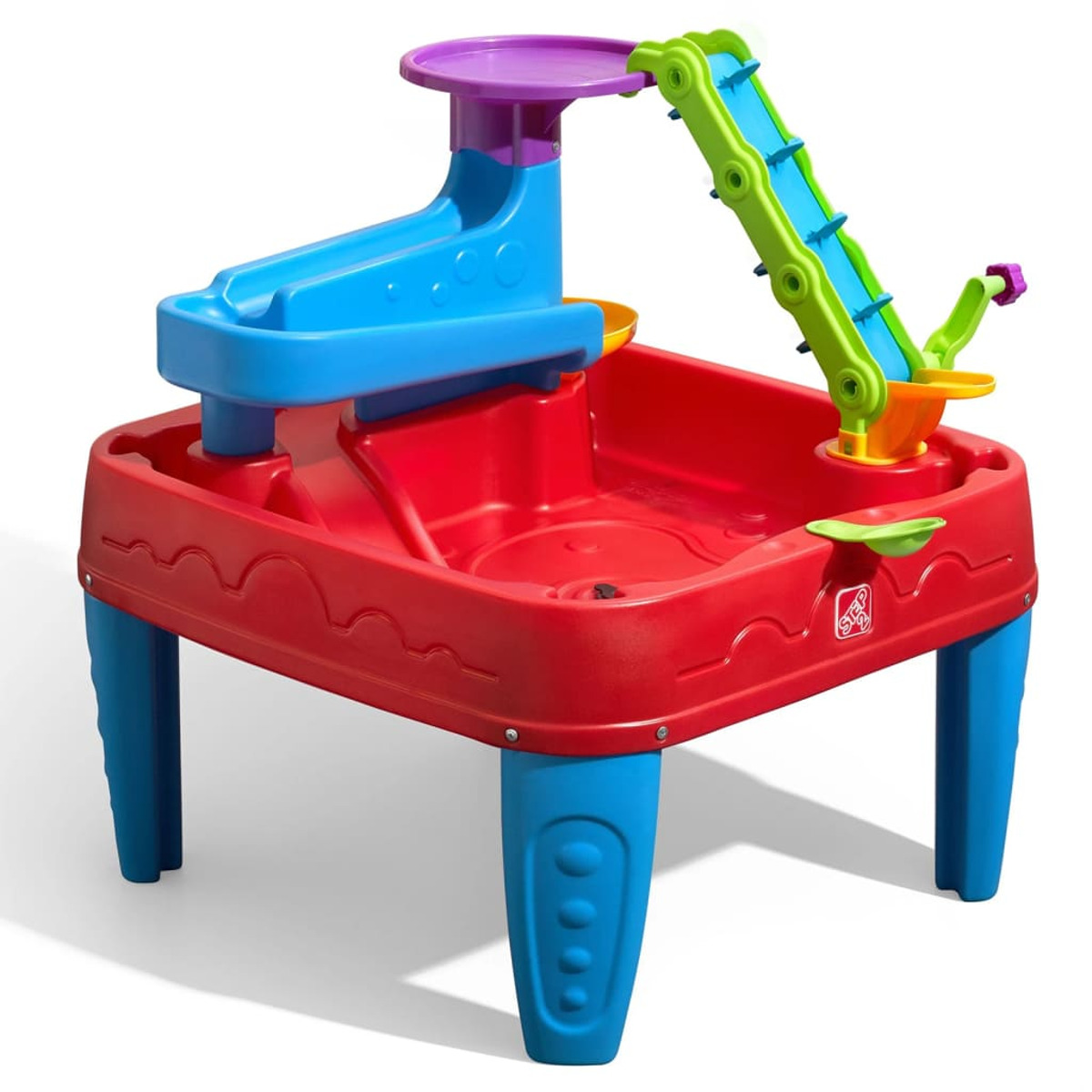 Bunter Wasser- und Sandtisch für Kinder mit verschiedenen Spielfunktionen.
