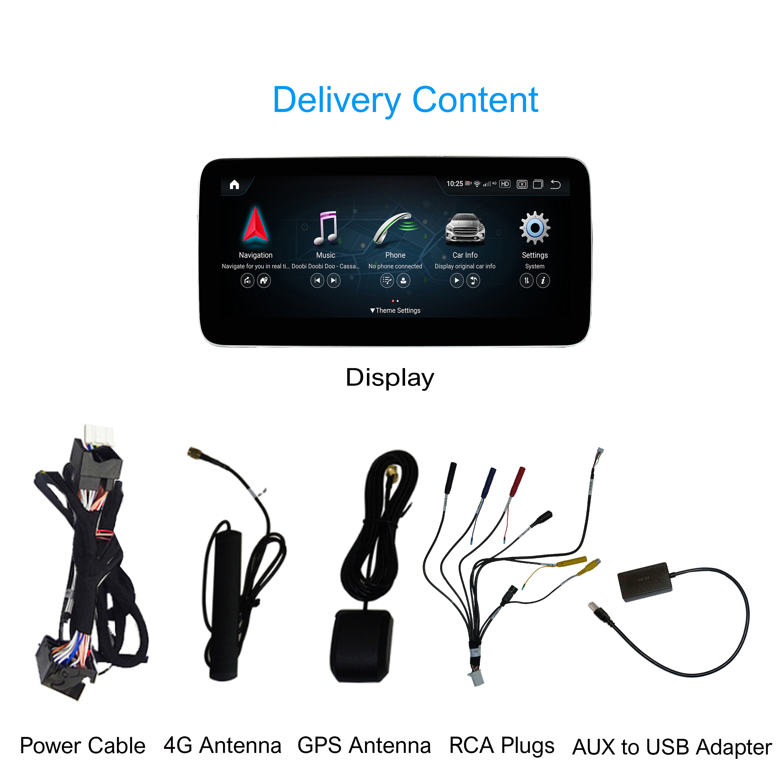 Auto-Display und Zubehör. Navigation, Musik, Telefon, Info, Einstellungen.