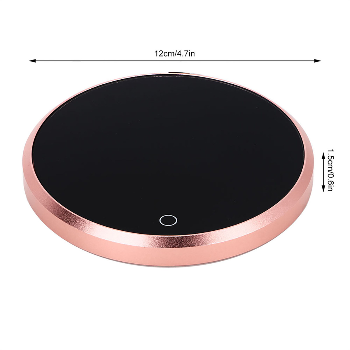 Schwarzer und roségoldfarbener runder Untersetzer. Hat einen einzigen Einschaltknopf und misst 12 cm/4,7 Zoll im Durchmesser.
