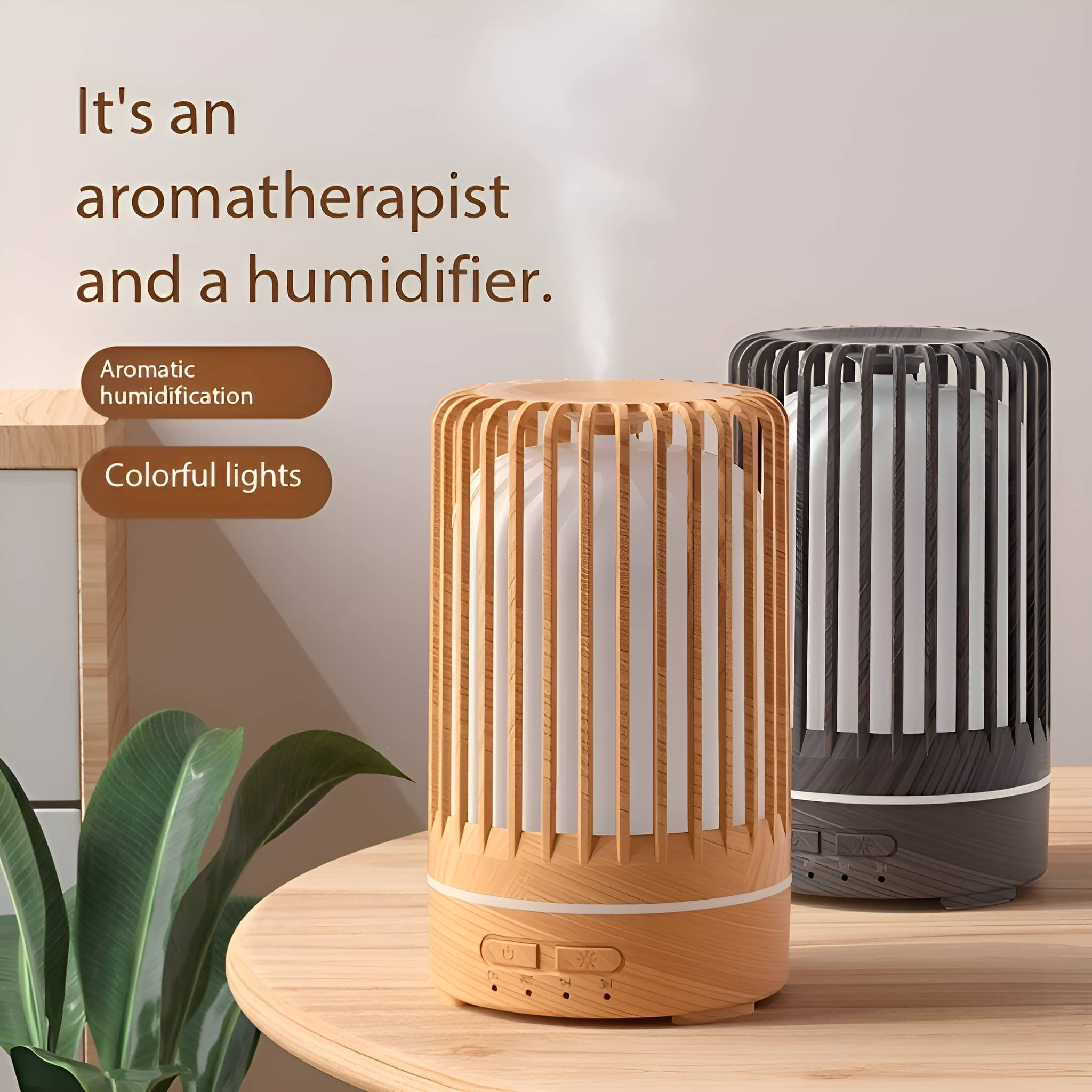 Zwei Luftbefeuchter, einer aus Holz und einer schwarz, die Dampf abgeben. Text: Aromatherapie, Luftbefeuchter, farbige Lichter.