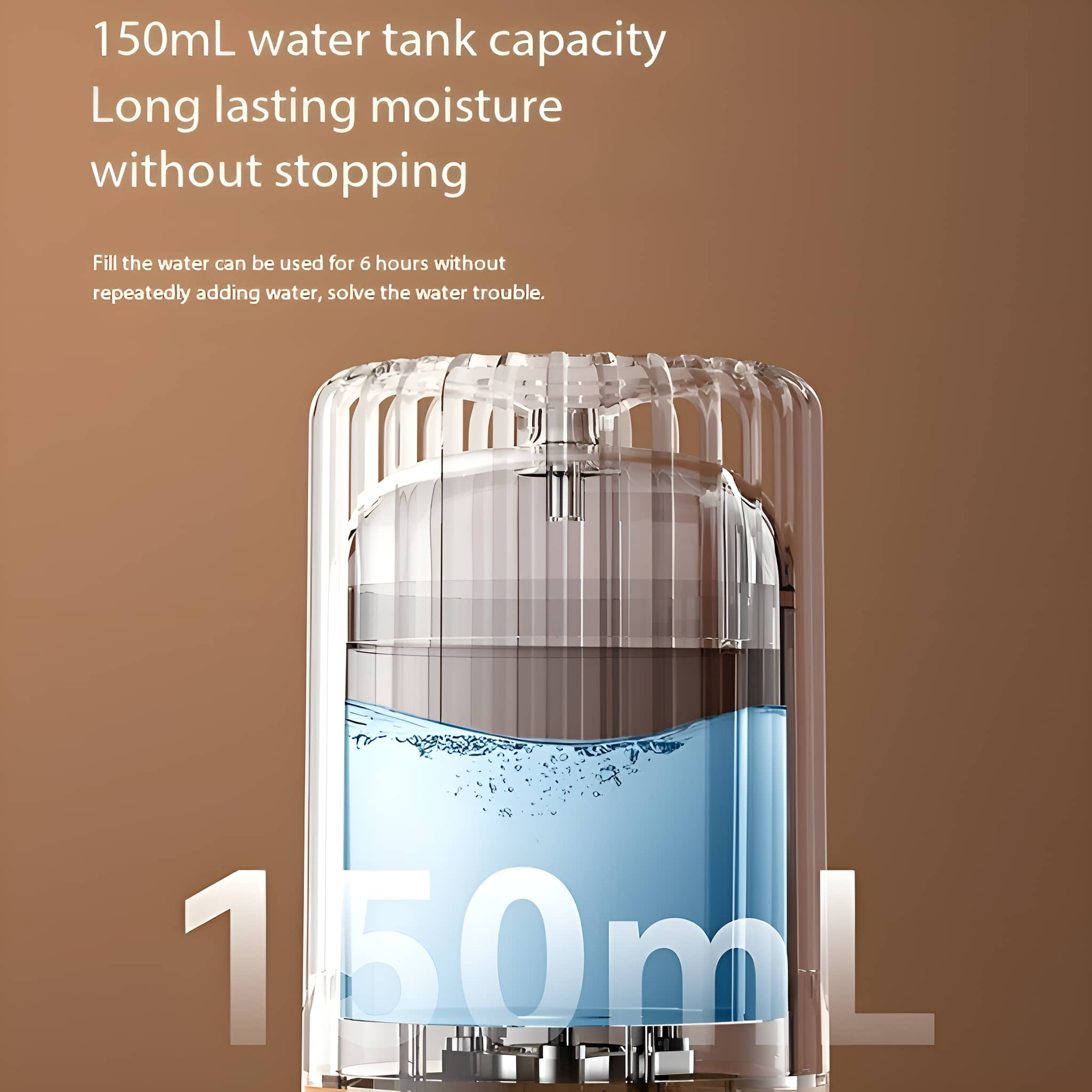 Ein transparenter Behälter mit blauem Wasser und dem weißen Text '150ml' am Boden.
