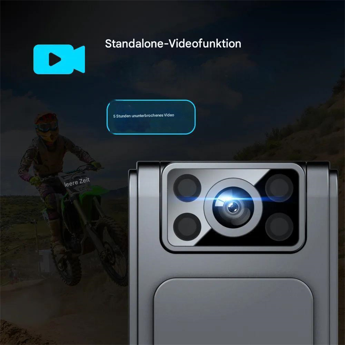 Eine kleine schwarze Kamera mit einer Person auf einem Motorrad im Hintergrund und Text über die Videofunktion.