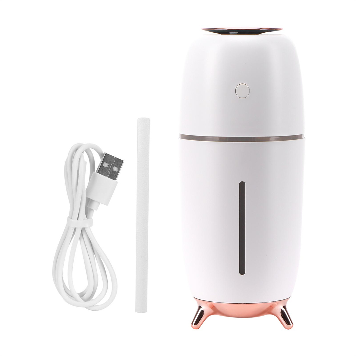 Weißer Luftbefeuchter mit roségoldenen Akzenten, USB-Kabel und Stick.