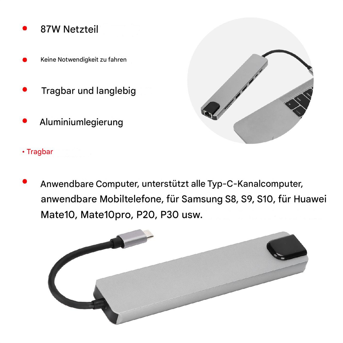 Silberner USB-C-Hub mit Laptop und Funktionsliste. Schwarzes Kabel angeschlossen, mit Liste einschließlich tragbar und langlebig.