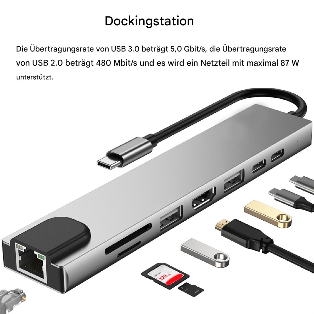 Silberne Dockingstation mit mehreren Anschlüssen, darunter USB, HDMI und ein Kartenleser, mit einem schwarzen Kabel.