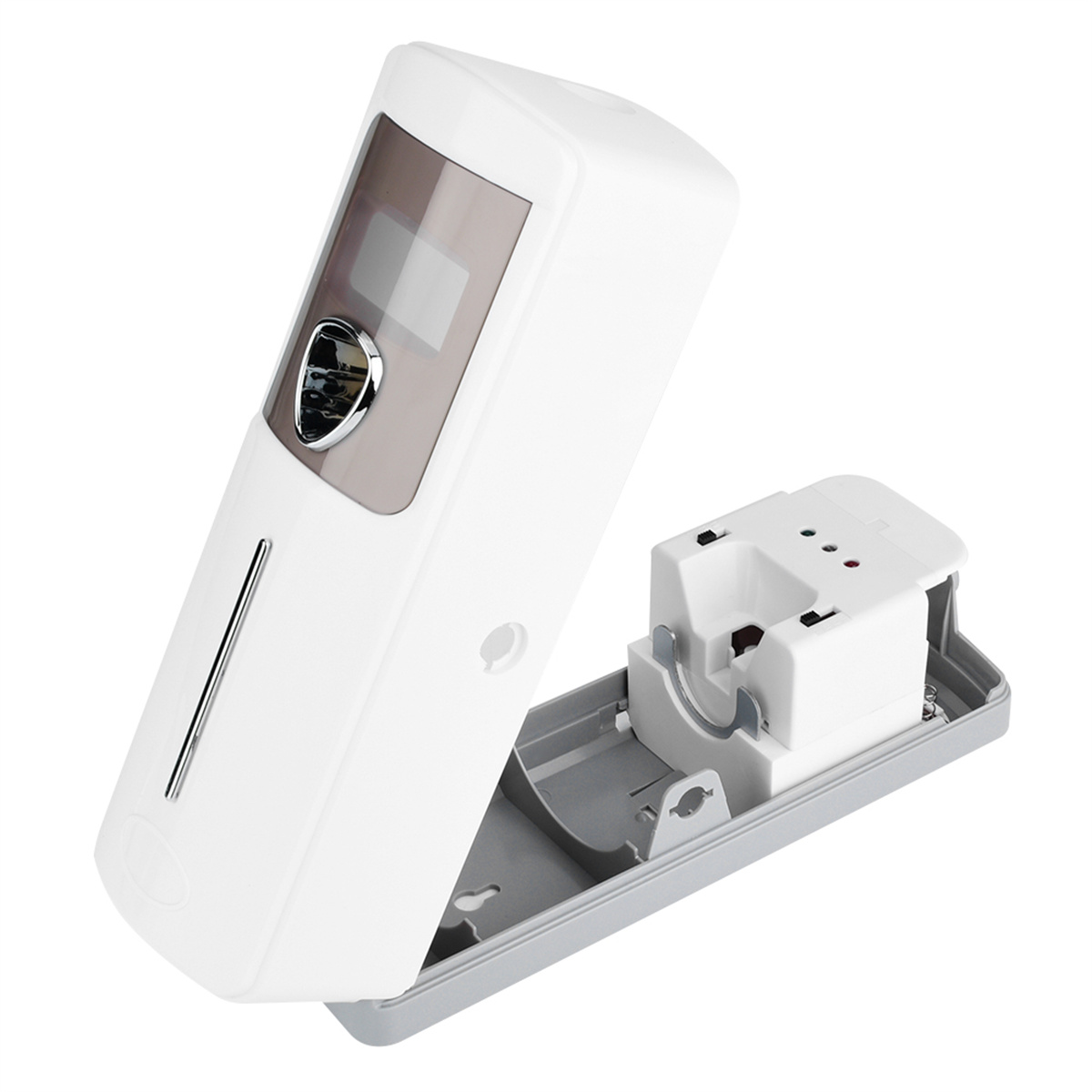 Ein weiß-grauer Handventilator mit Lüftergeschwindigkeitsanzeige und Ohren-Design oben.