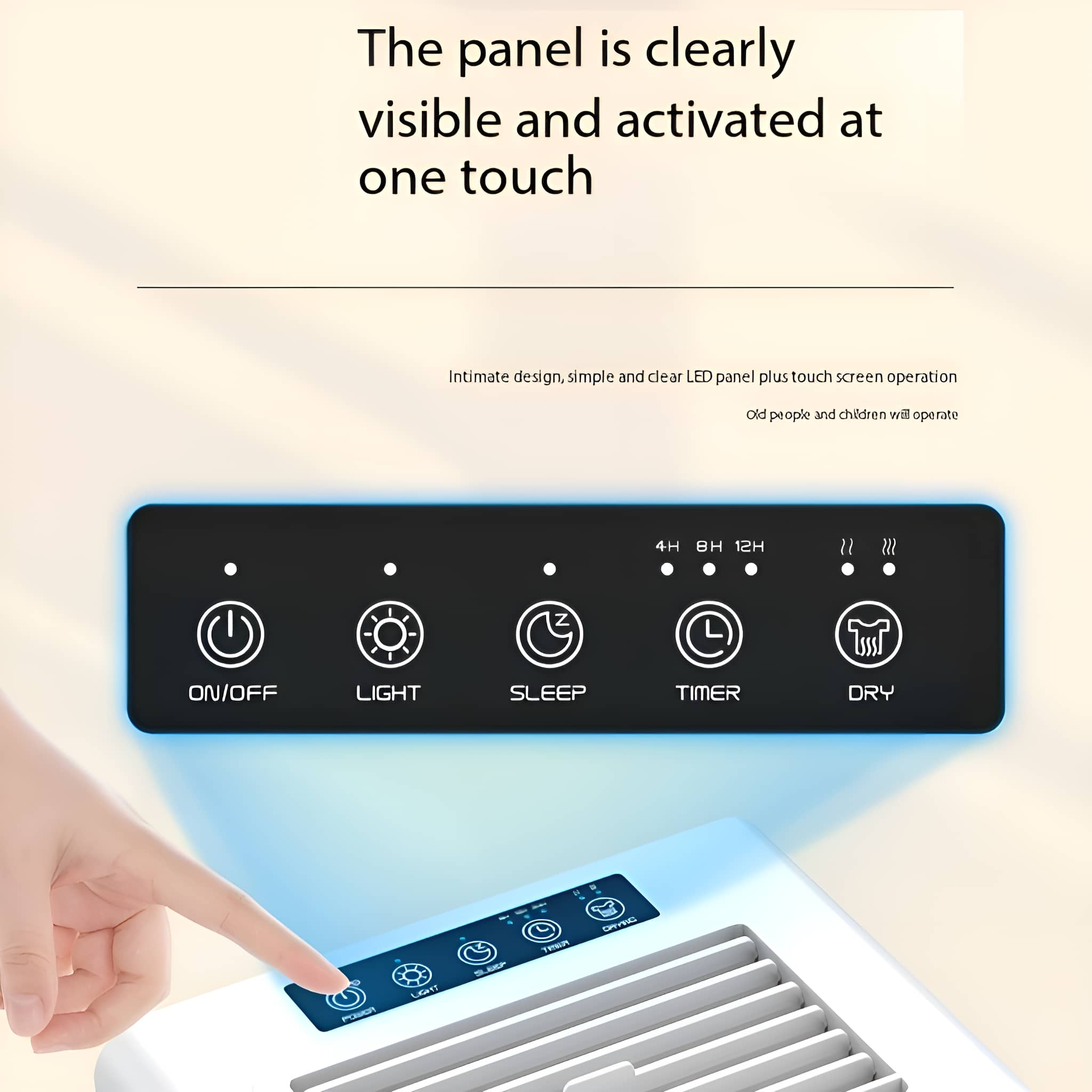 Touch-Panel mit Ein/Aus, Licht, Schlaf, Timer und Trockenfunktionen. Eine Hand berührt die Ein/Aus-Taste.