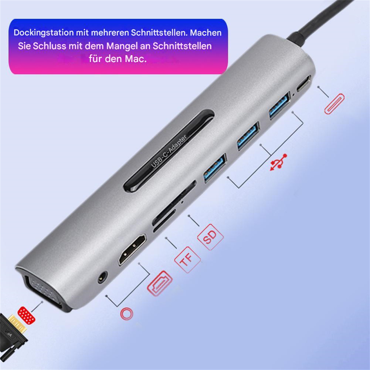 Ein silberner USB-C-Adapter mit mehreren Anschlüssen, darunter USB, HDMI und SD-Kartenleser.