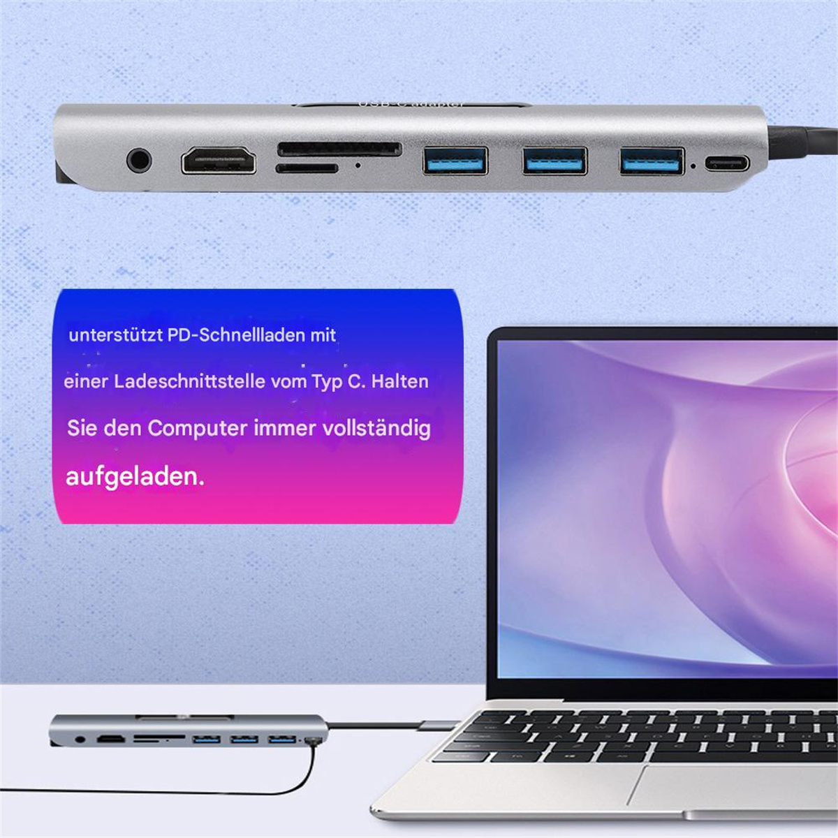 Ein silberner USB-Hub, der mit einem Laptop verbunden ist. Text besagt, er unterstützt Schnellladen.