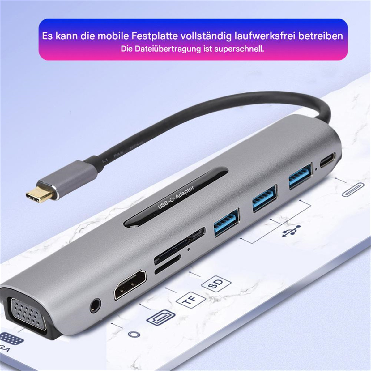 Grauer USB-C-Adapter mit mehreren Anschlüssen, darunter USB, HDMI und SD-Kartenleser. Weißer Hintergrund.