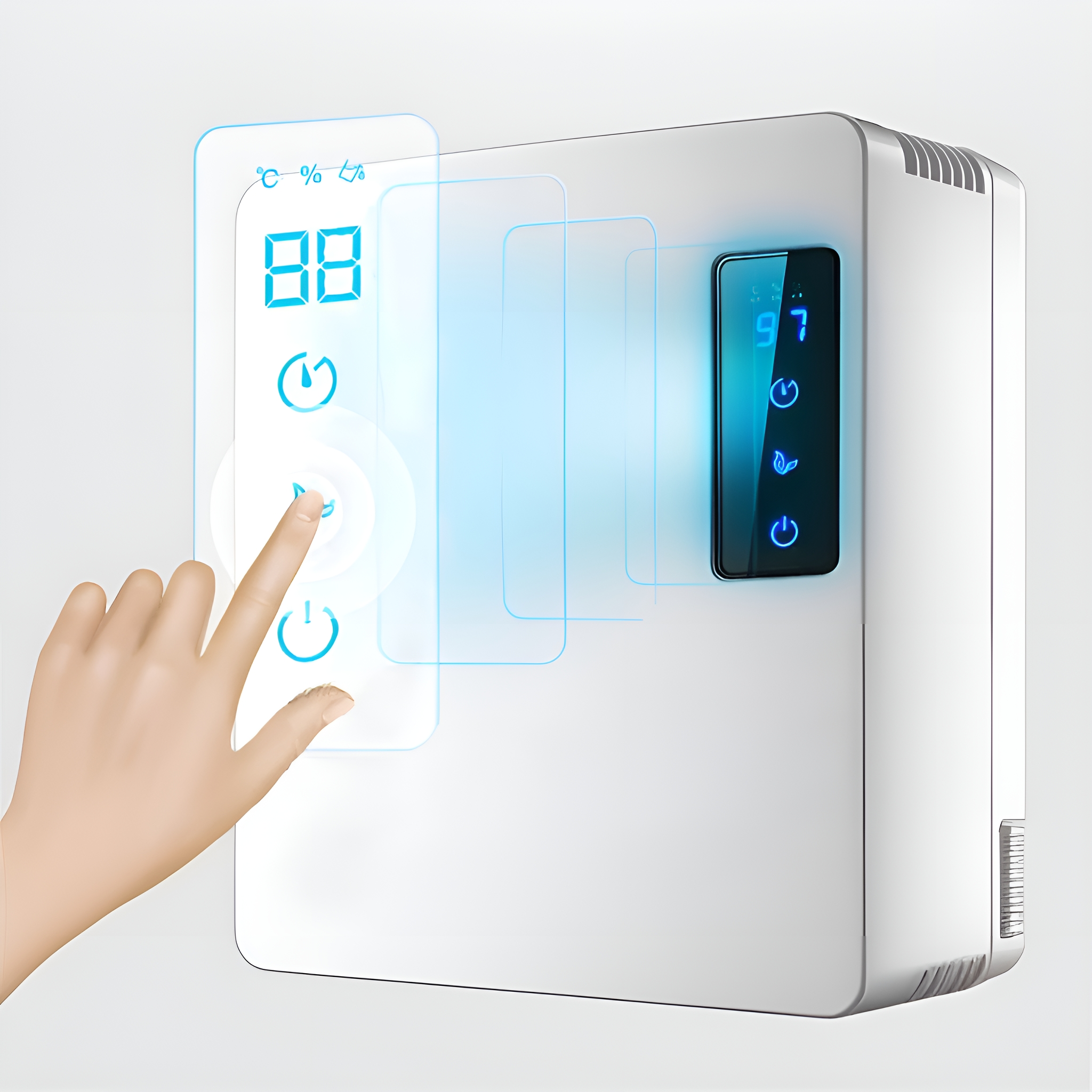 Eine Hand, die einen Touchscreen auf einem weißen Gerät mit digitaler Anzeige berührt.