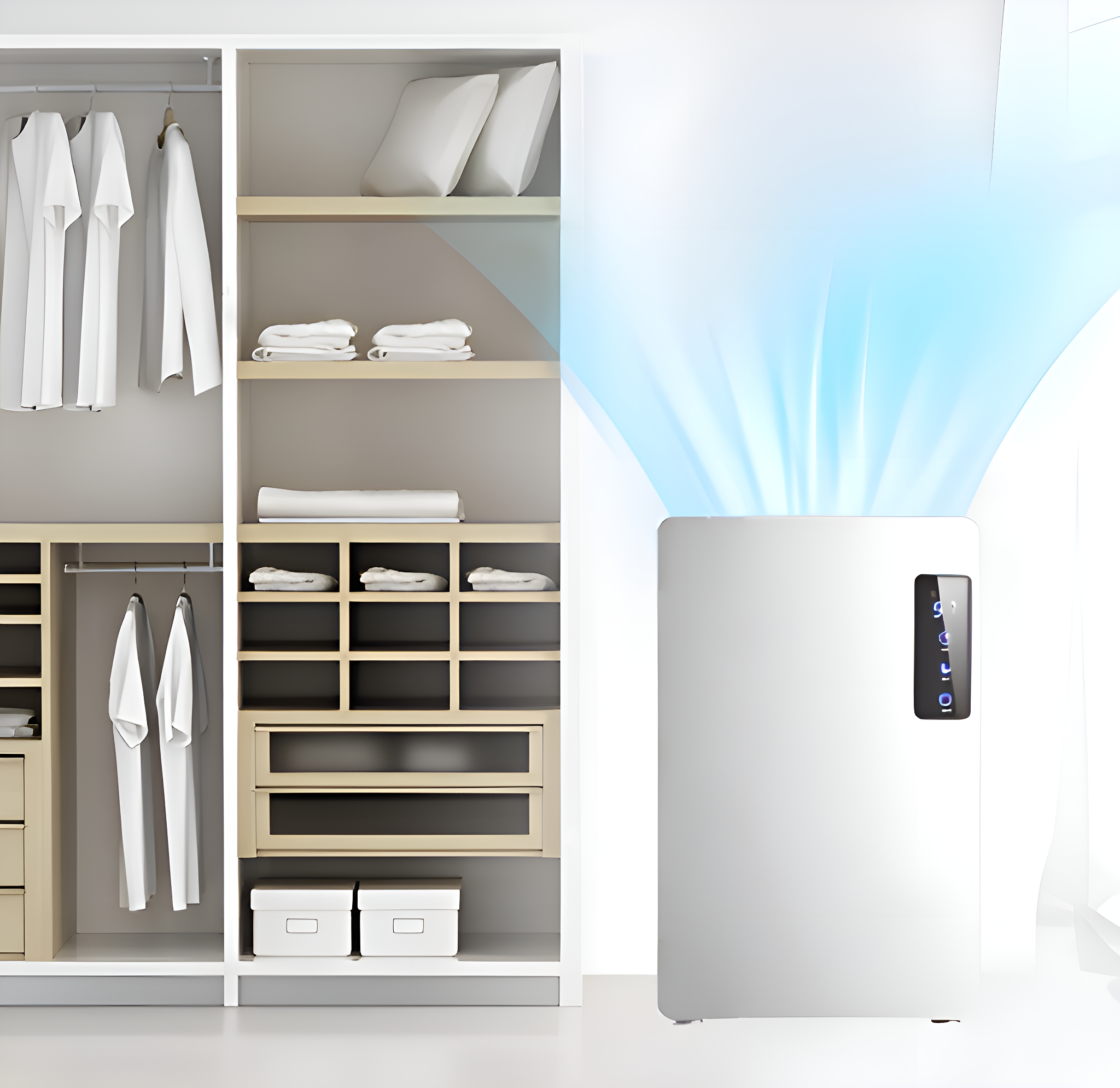 Weißer Luftreiniger, der blaue Luft in einen Schrank mit Kleidung und Regalen ausstößt.