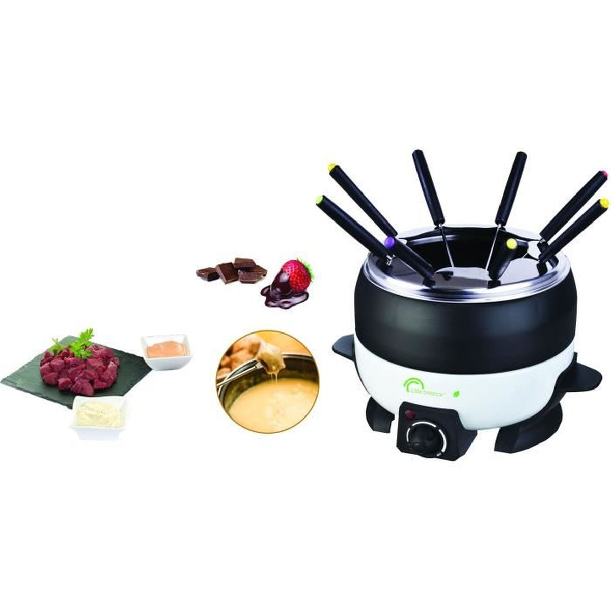 Un set da fonduta con carne, cioccolato, fragola e formaggio.