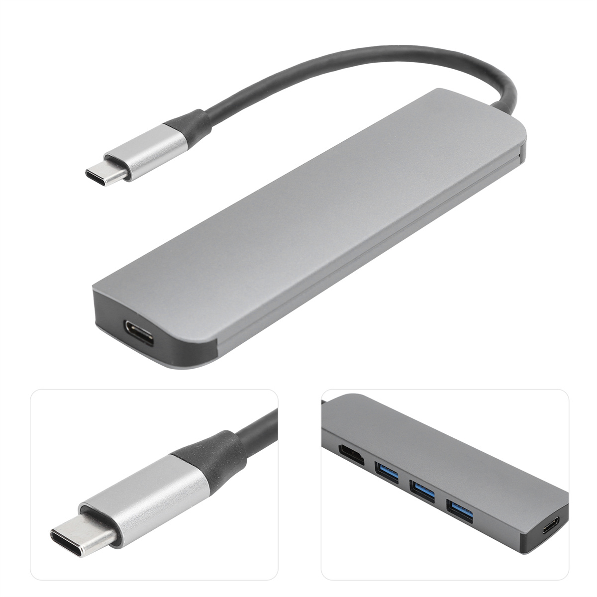 Silberner USB-C-Hub mit drei Anschlüssen und einem angeschlossenen Kabel. Nahaufnahme des Kabels und der Anschlüsse.