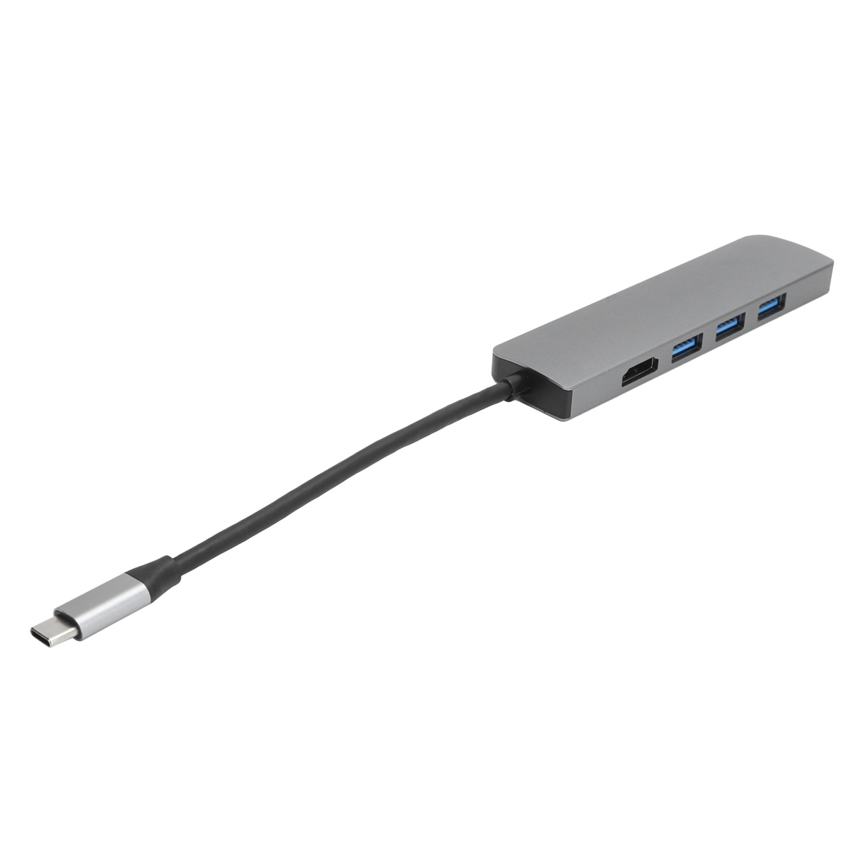 Ein grauer USB-Hub mit mehreren Anschlüssen und einem schwarzen Kabel. Er liegt auf weißem Hintergrund.