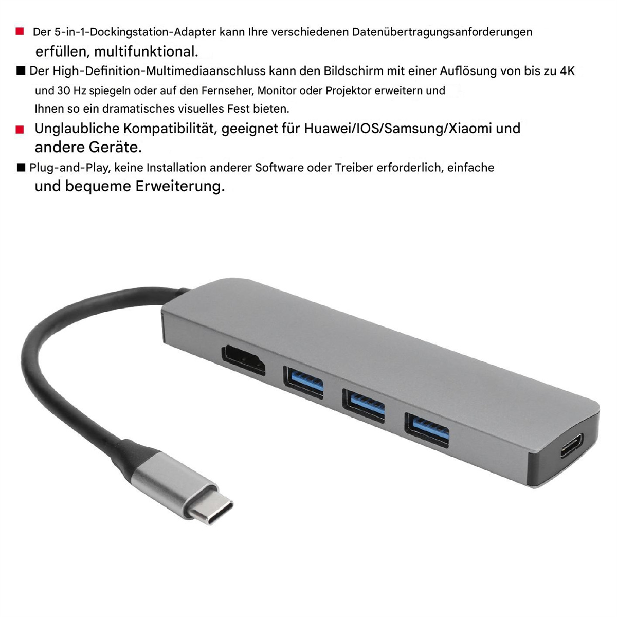 Graue Dockingstation mit mehreren Anschlüssen und angeschlossenem USB-C-Kabel, mit Text zu den Funktionen.