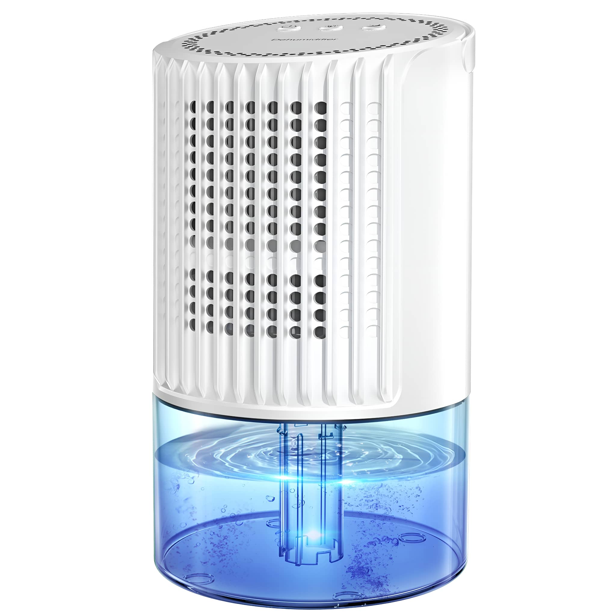Weißer und blauer Luftentfeuchter mit Wasserbehälter.
