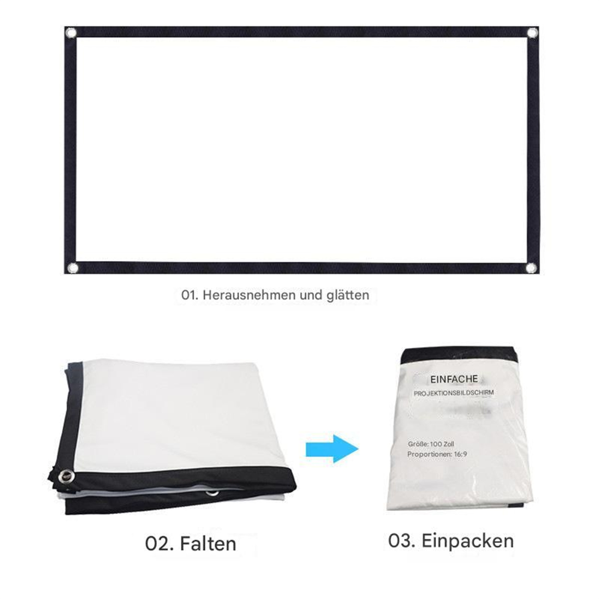 Weiße Projektionsleinwand und Verpackungsprozess. Leinwand wird gefaltet und dann in einen Beutel gepackt.