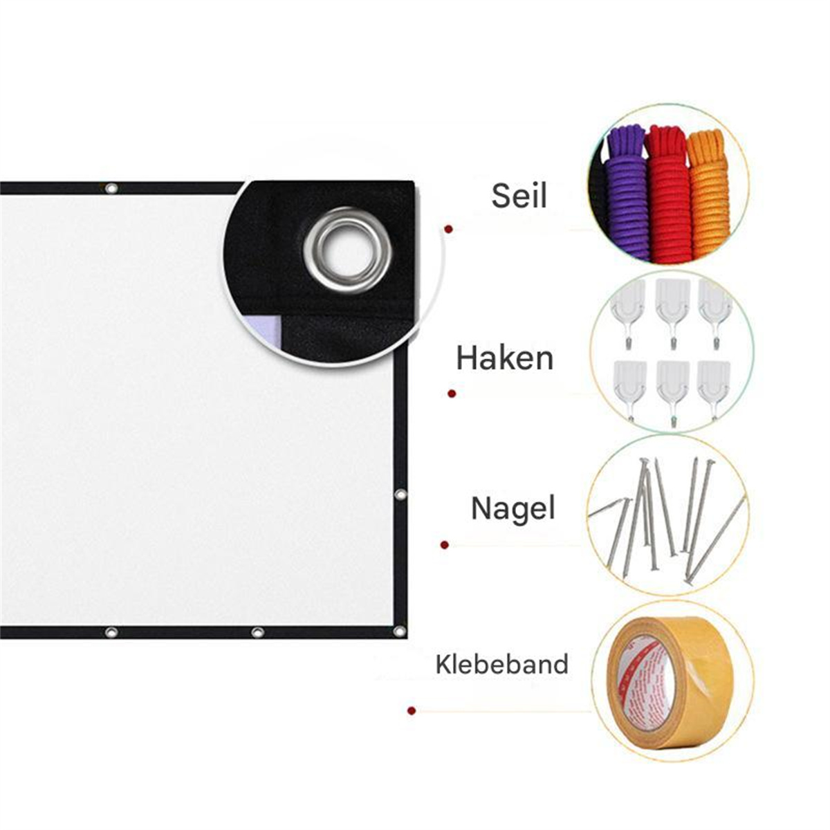 Eine weiße Leinwand mit schwarzen Rändern. Gezeigt werden auch: Seile, Haken, Nägel und Klebeband zur Befestigung.