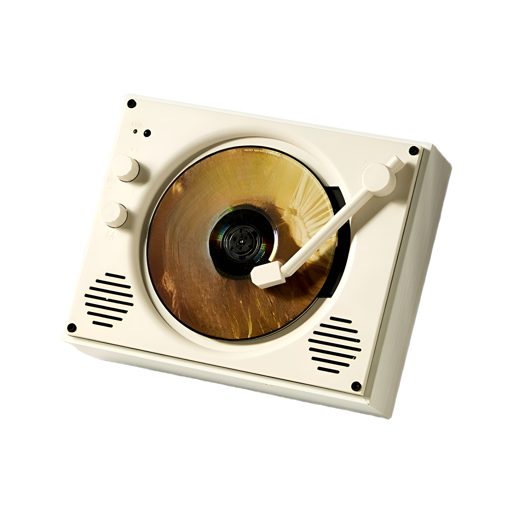 Cremefarbener Plattenspieler mit goldener CD. Weißer Hintergrund.