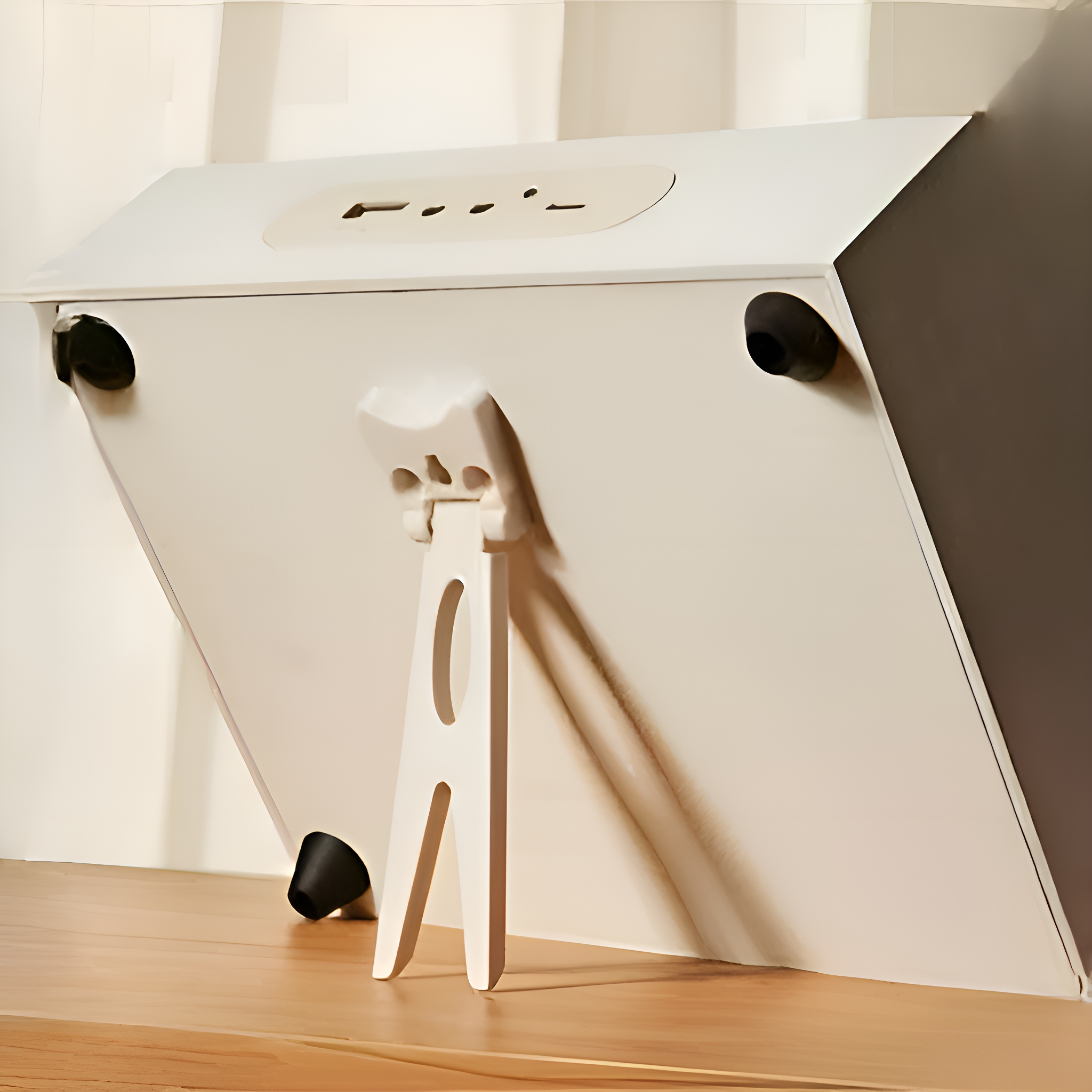 Weißer Ständer mit Tablet oder Bildschirm, angewinkelt an einer Wand, mit Holztisch.