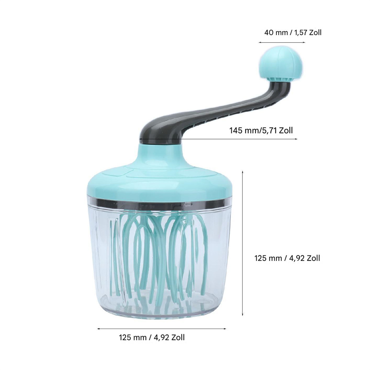 Ein Handmixer mit hellblauem Gehäuse, transparentem Behälter und schwarzem Griff mit Abmessungen.