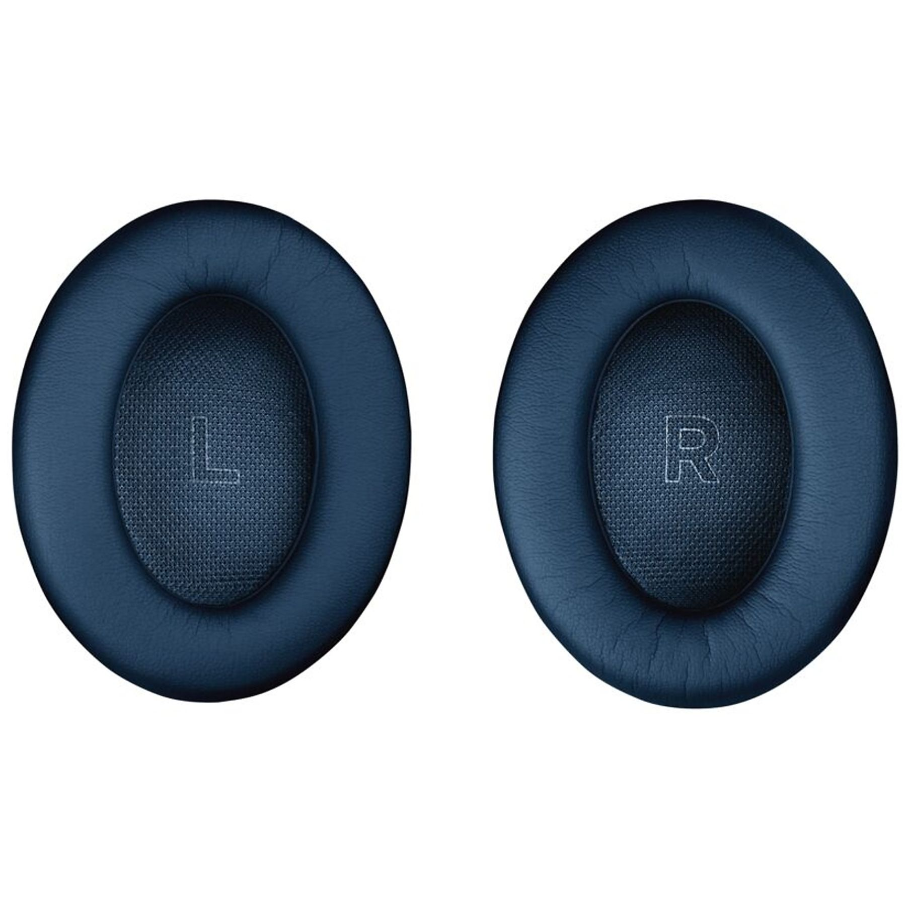 Dwa ciemnoniebieskie nauszniki słuchawek z literami „L” i „R” wytłoczonymi pośrodku na białym tle.