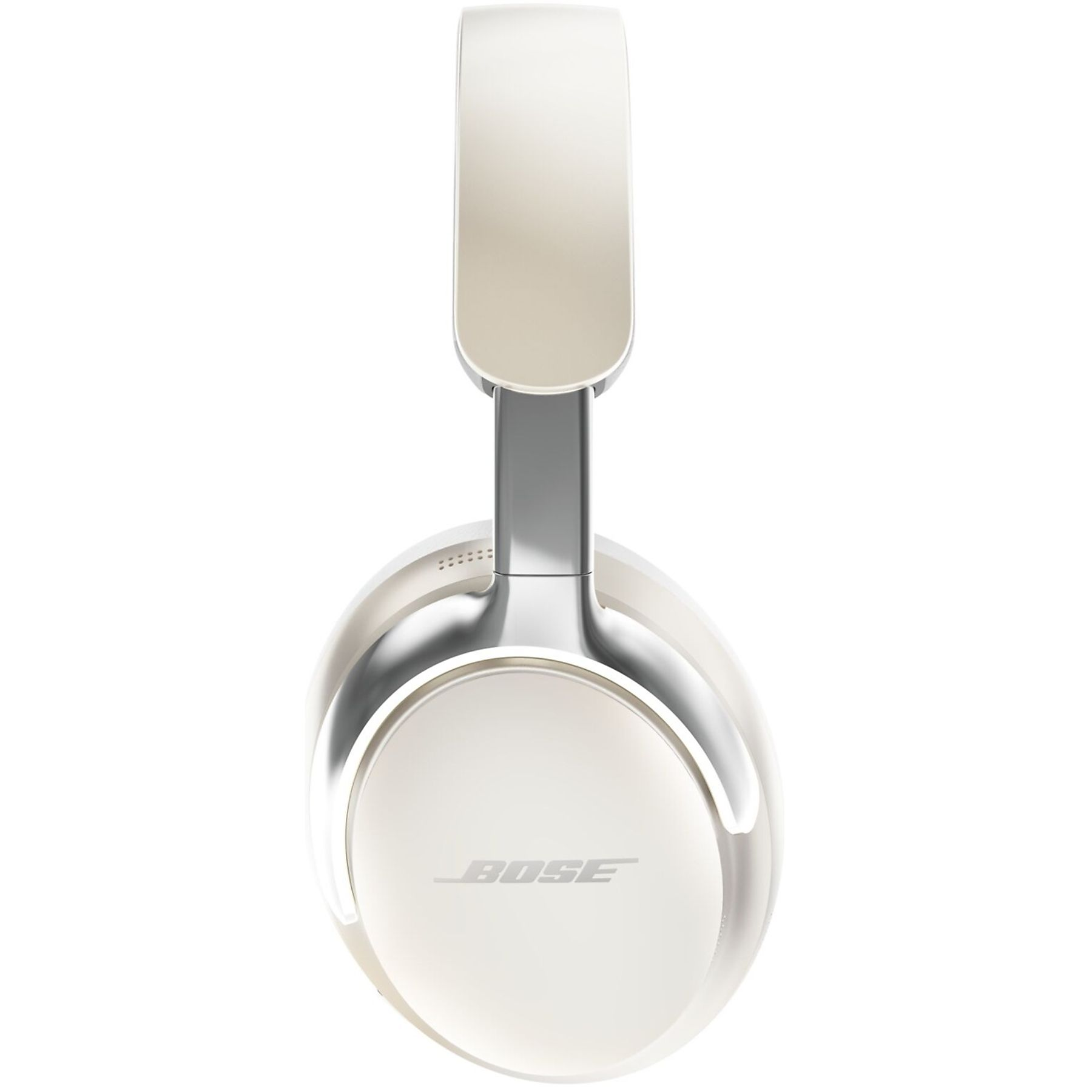 Białe słuchawki ze srebrną opaską. Widoczna jest nazwa marki Bose.