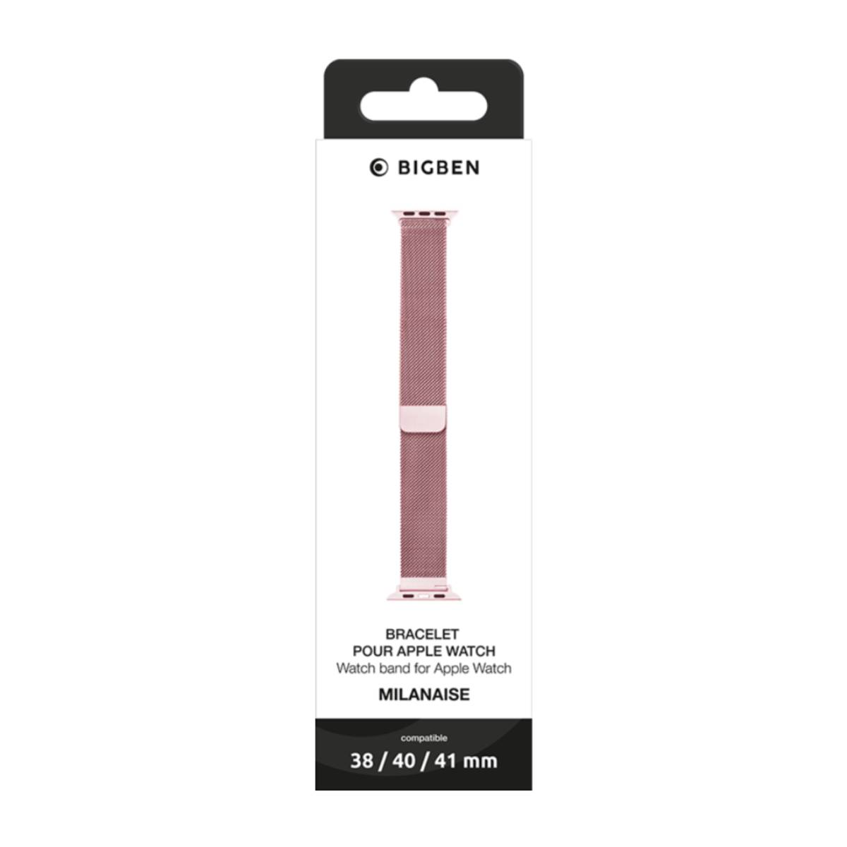 Un cinturino rosa in una scatola nera con il marchio BIGBEN.