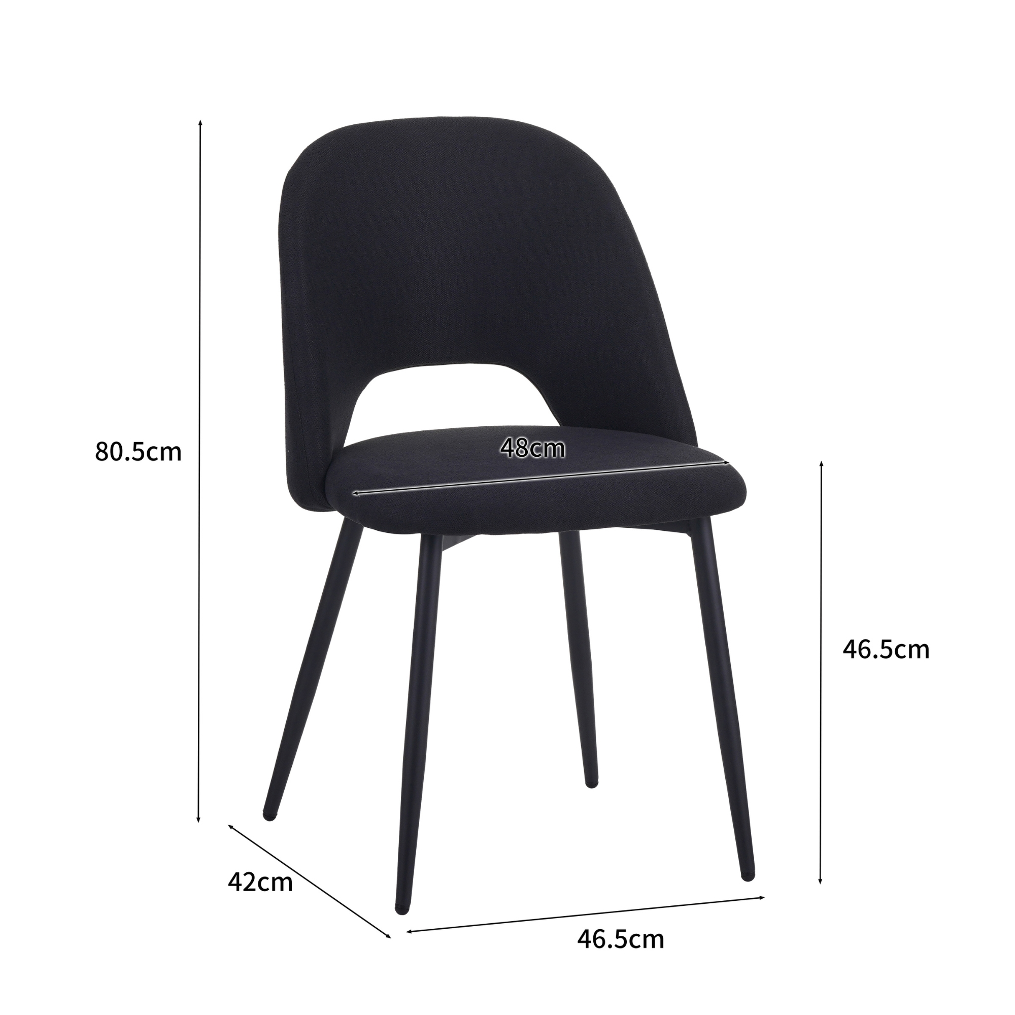 Schwarzer Stuhl mit geschwungener Rückenlehne und schwarzen Beinen, 42 cm breit.
