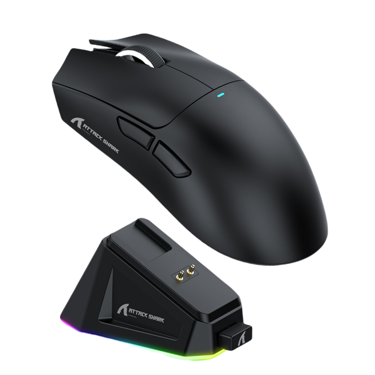 Mouse da gioco nero con base di ricarica, rotella, pulsanti e illuminazione RGB.